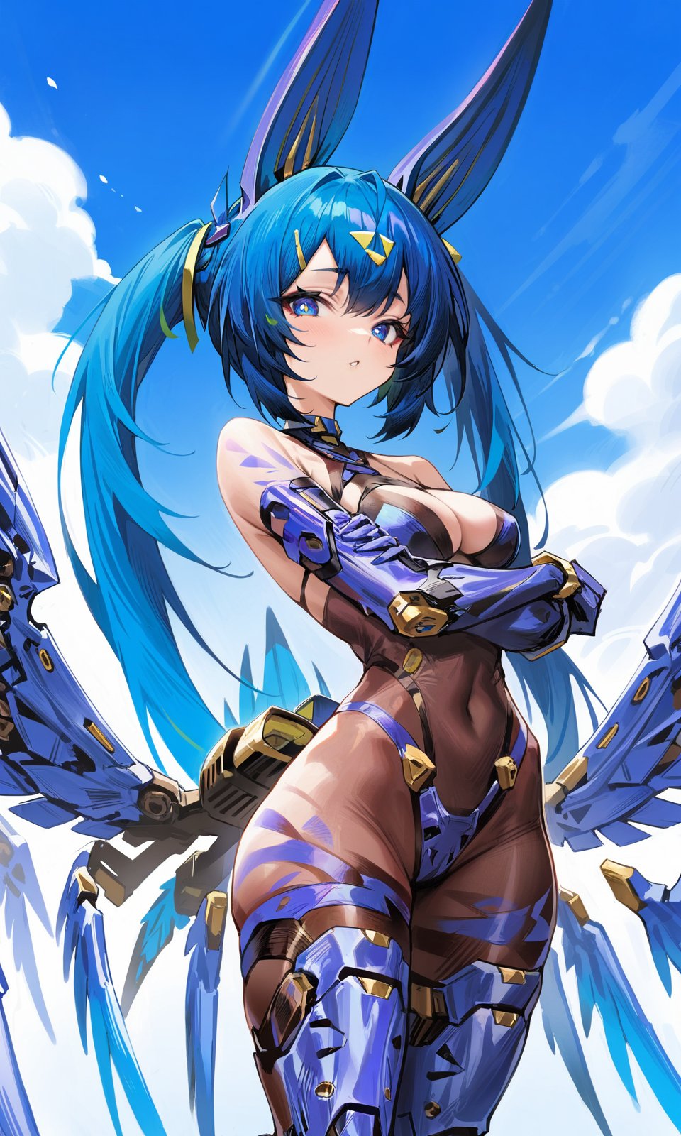 agoto, 1girl, Harpy - Zeta, solo, blue eyes, blue hair, mechanical legs, animal ears, looking at viewer, long hair, rabbit ears, twintails, upper body, outdoors, sky, masterpiece, best quality, very aesthetic, absurdres,<lora:Agoto_xl:0.8>