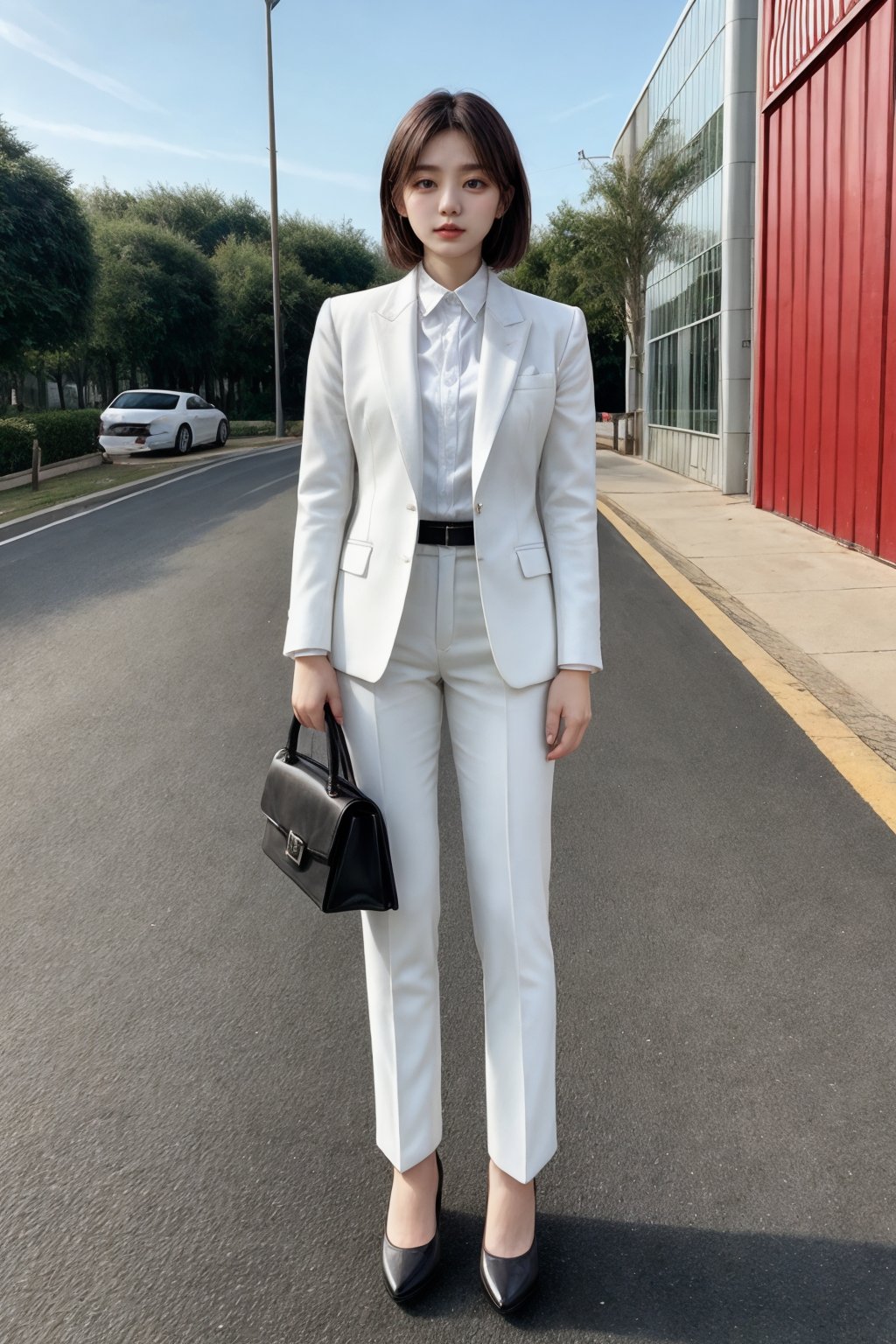 woman,white suit,full body,the hands must be well represented,outdoor