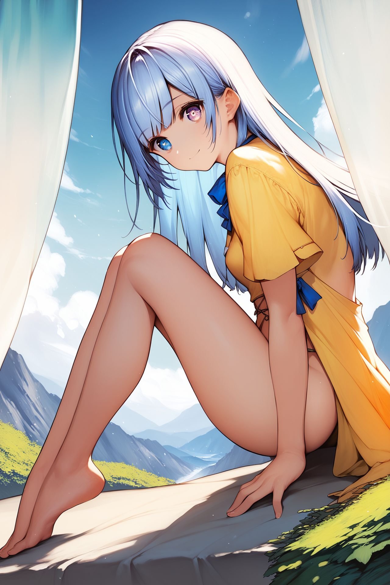 score_9, score_8_up, score_7_up, 1girl, looking at viewer, knees apart feet together, kind smile, light blue hair, curtain bangs, ribbon bangs, detailed eyes, small breasts, yellow clothes, sunbeam, outdoors, from side <lora:necomi_PonyXL_style_v02:1>