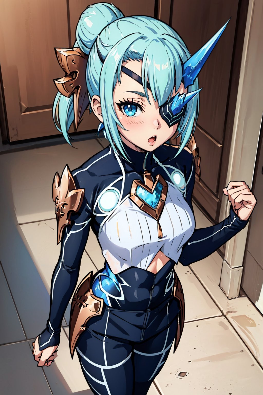 masterpiece, best quality, 1girl,  <lora:xctheory-nvwls-v1-000009:0.9> xcTheory, single hair bun, horns, hair ornament, eyepatch, bodysuit, armor, black pants, :o, from above, hallway, blush, looking at viewer, 