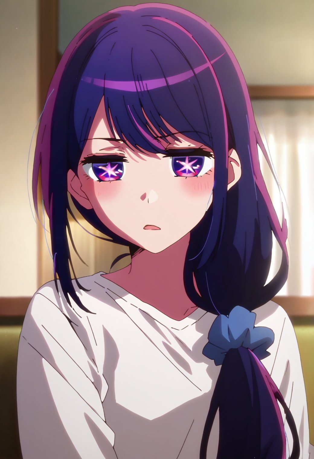 1girl, hoshinoai, solo, <lora:hoshinoai_ponyxl:0.9>, purple hair, purple eyes, long hair, star-shaped pupils, BREAKwhite shirt, blue scrunchie, hair over shoulder, low ponytail, BREAKannoyed, half-closed eyes, BREAKscore_9, score_8_up, score_7_up, score_6_up, anime,(high quality, detailed, beautiful), shiny, detailed beautiful eyes, outstanding, countershading, detailed soft lighting