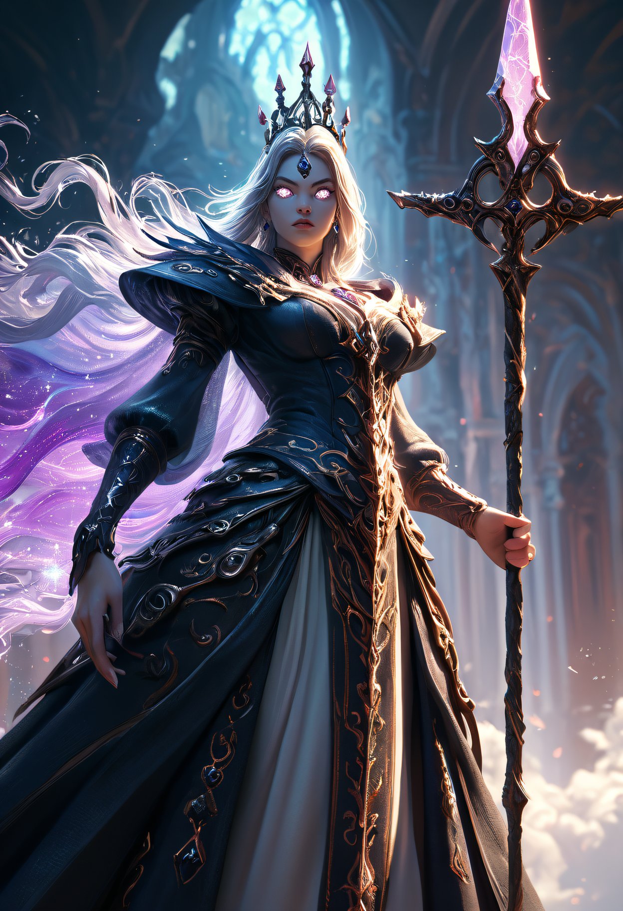 score_9, score_8_up, score_7_up, hyper realistic and highly detailed, a cinematic panoramic frontal shot of a beautiful Elven Queen holding a glowing spear wearing ethereal floating robes, detailed beautiful glowing eyes, concept art, dark fantasy art, epic full color illustration, pure white and ivory hues, atmospheric haze