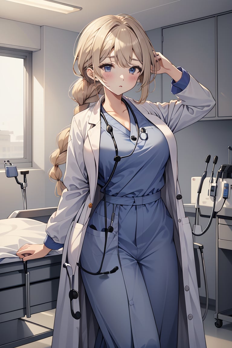 masterpiece, best quality,lower_body, operating table,medical monitors,hospital bed,  <lora:0- CL - Doctor Uniform V2:0.8> (doctor_uniform, labcoat, stethoscope, doctor,blue_uniform,blue_labcoat),  <lora: Mari Yuzuki:0.7> (mari yuzuki, 3dcg_15, 1girl, long_hair, bangs, blush, blonde_hair, large breasts, grey_eyes, single braid, very long hair, braided ponytail),