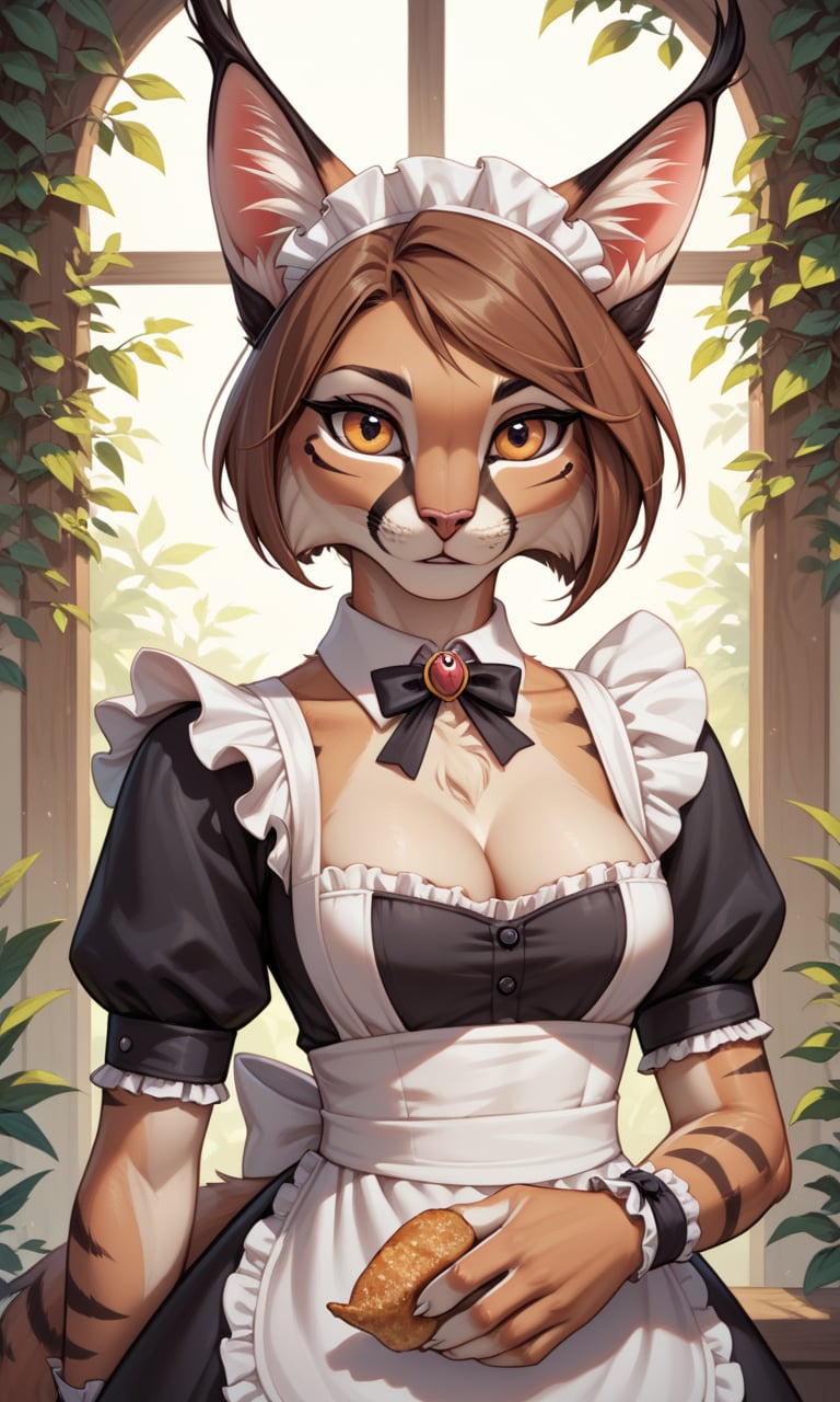 score_9, score_8_up, score_7_up, score_6_up, score_5_up, score_4_up, source_furry,BREAK,detailed face eyes and fur, looking at viewer, furry cat girl,maid,brown hair,caracalcat,caracal,ningmao