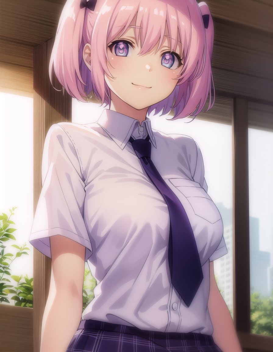 skhibari, <lora:sk hibari s1-lora-nochekaiser:1>,hibari, short hair, bow, twintails, pink hair, hair bow, symbol-shaped pupils, short twintails, blue eyes,BREAK skirt, bow, school uniform, necktie, purple skirt,BREAK outdoors, classroom,BREAK looking at viewer, (cowboy shot:1.5), smile,BREAK <lyco:GoodHands-beta2:1>, (masterpiece:1.2), best quality, high resolution, unity 8k wallpaper, (illustration:0.8), (beautiful detailed eyes:1.6), extremely detailed face, perfect lighting, extremely detailed CG, (perfect hands, perfect anatomy),