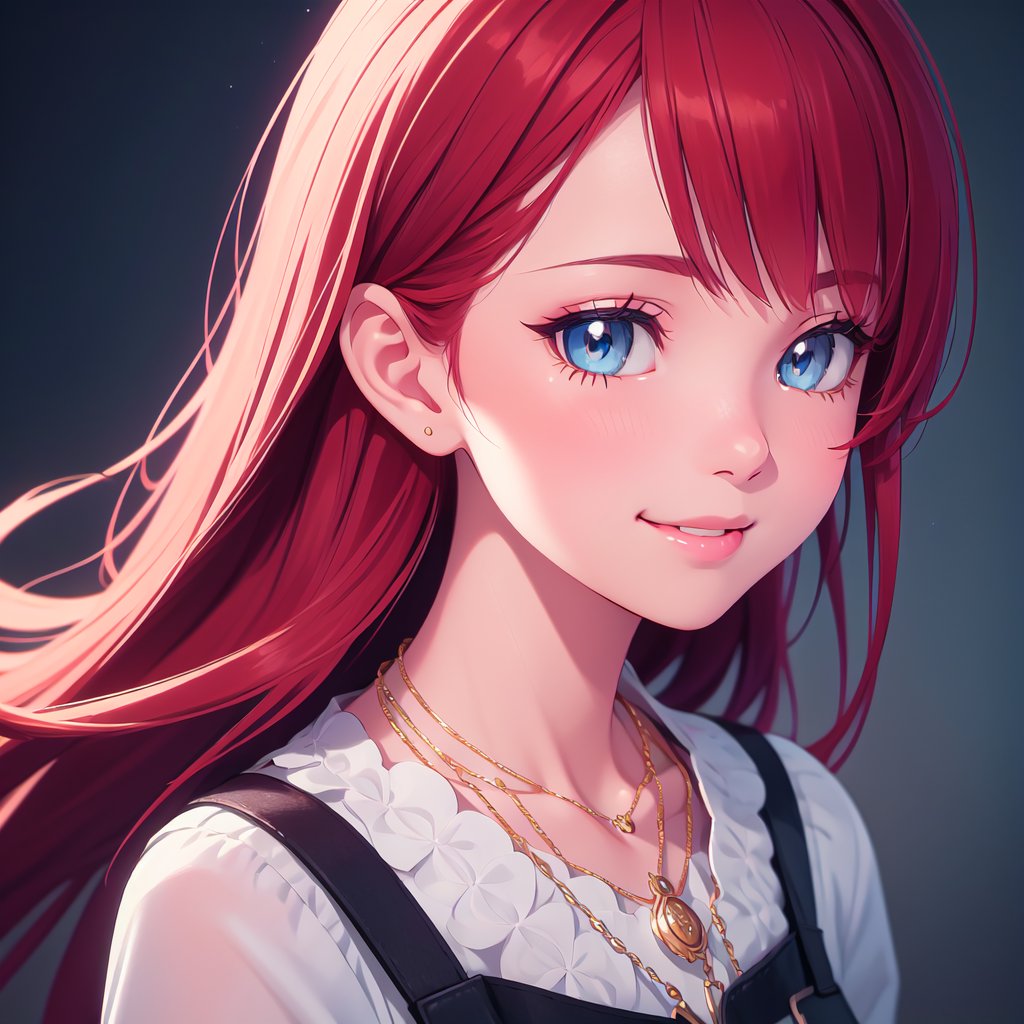 a close up from 1 beautiful and cute girl, extreme close-up, detailed blue-silver eyes, ((long red hair)),  beautiful dainty necklace,  shy smile,  (masterpiece:1.2), (best quality:1.2), newest, ai-generated, ultra-detailed, best shadow, detailed background, high contrast, (best illumination, an extremely delicate and beautiful), ((cinematic light)), hyper detail, dramatic light, intricate details, 8k, anime, very aesthetic, vibrant color,