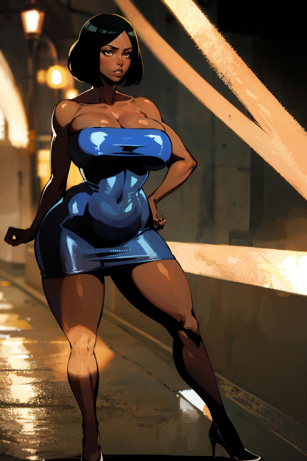 masterpiece,high quality,highres,1girl,solo,dark-skinned female,<lora:bodycon-fullbody-v1-wasabiya:1>,bodyconf,blue dress,bare shoulders,<lora:darkskin-v2-wasabiya:1>,huge breasts,brown eyes,parted lips,