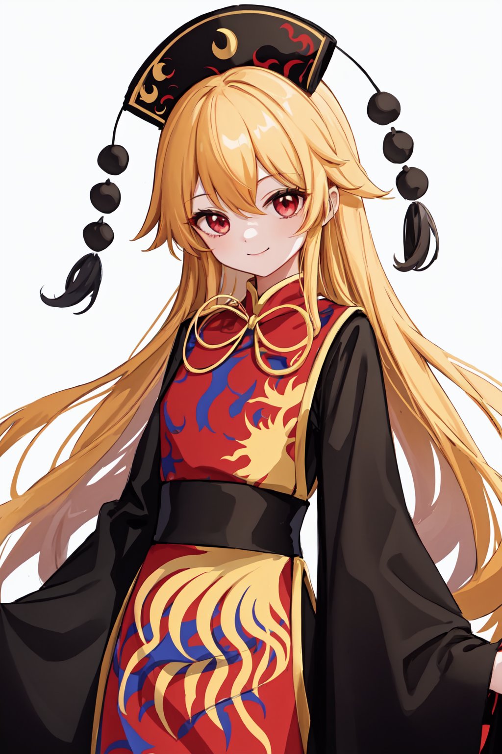 junko_(touhou),1girl,solo,tabard,hat,long_sleeves,black_dress,looking_at_viewer,wide_sleeves,chinese_clothes,closed_mouth,smile,pom_pom_(clothes),black_headwear,simple_background,crescent,phoenix_crown<lora:junko_(touhou):1>,simple background,white backgroundmasterpiece,best quality, highly detailed, 