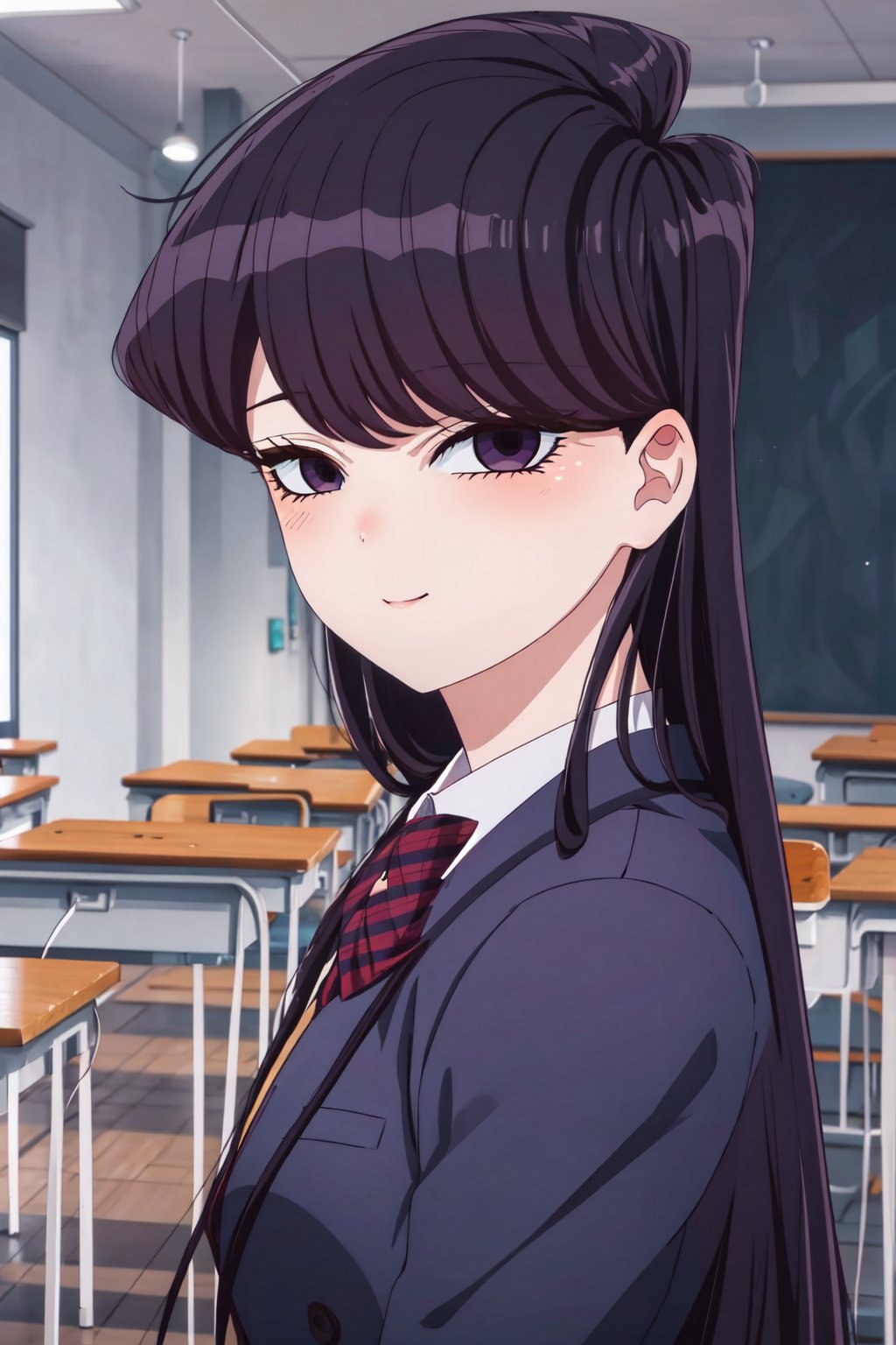 ShoukoKomi, Shouko Komi, (8k, high definition), upper body, loose hair, long eyelashes, loose hair, long hair, long sideburns, purple eyeliner, perfect eyes, embarrassed, blushing, high definition, eyes highly detailed, highly detailed, school uniform, class room, multitude, happy, smile, school_uniform, school_girl, full body<lora:EMS-333743-EMS:1.000000>