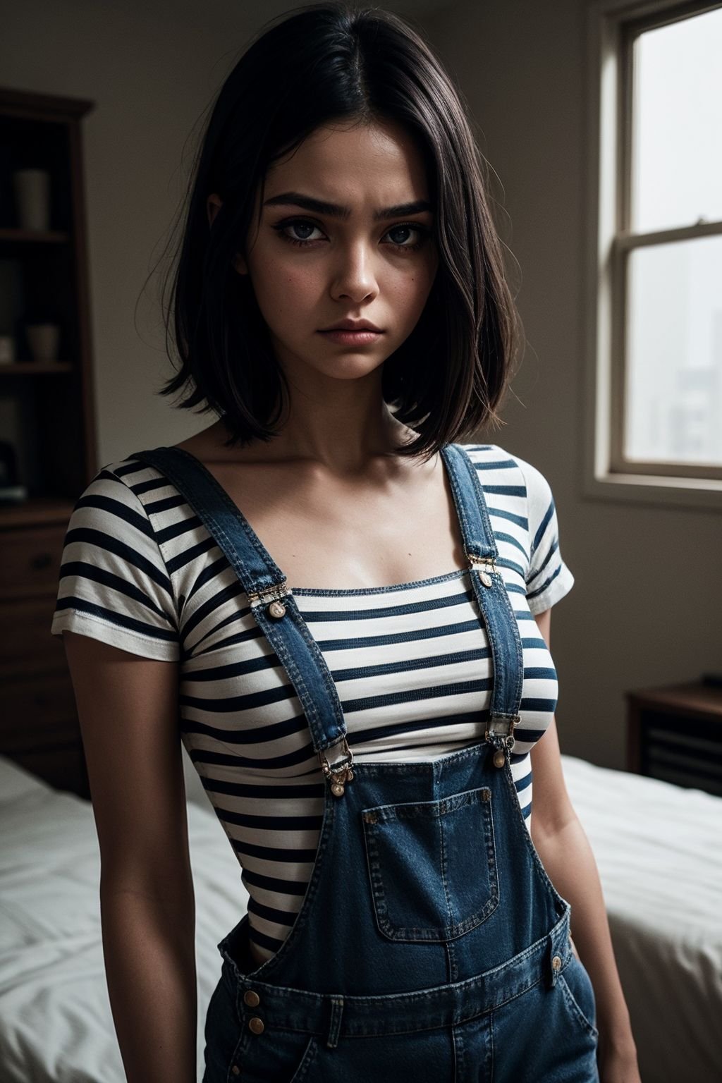 (Dramatic photo:0.6), (Stateless woman:0.55), Guilt emotion, Jet black French twist hair, 22 years old, 35mm photograph, (Striped Tee, Denim Overalls), Walnut skin,  Pear-Petite body shape, small boobs, instagram style, Cat eye makeup, Synthcore, (Soothing atmosphere:0.7), (cinematic lighting, insane details, insane details:0.9)