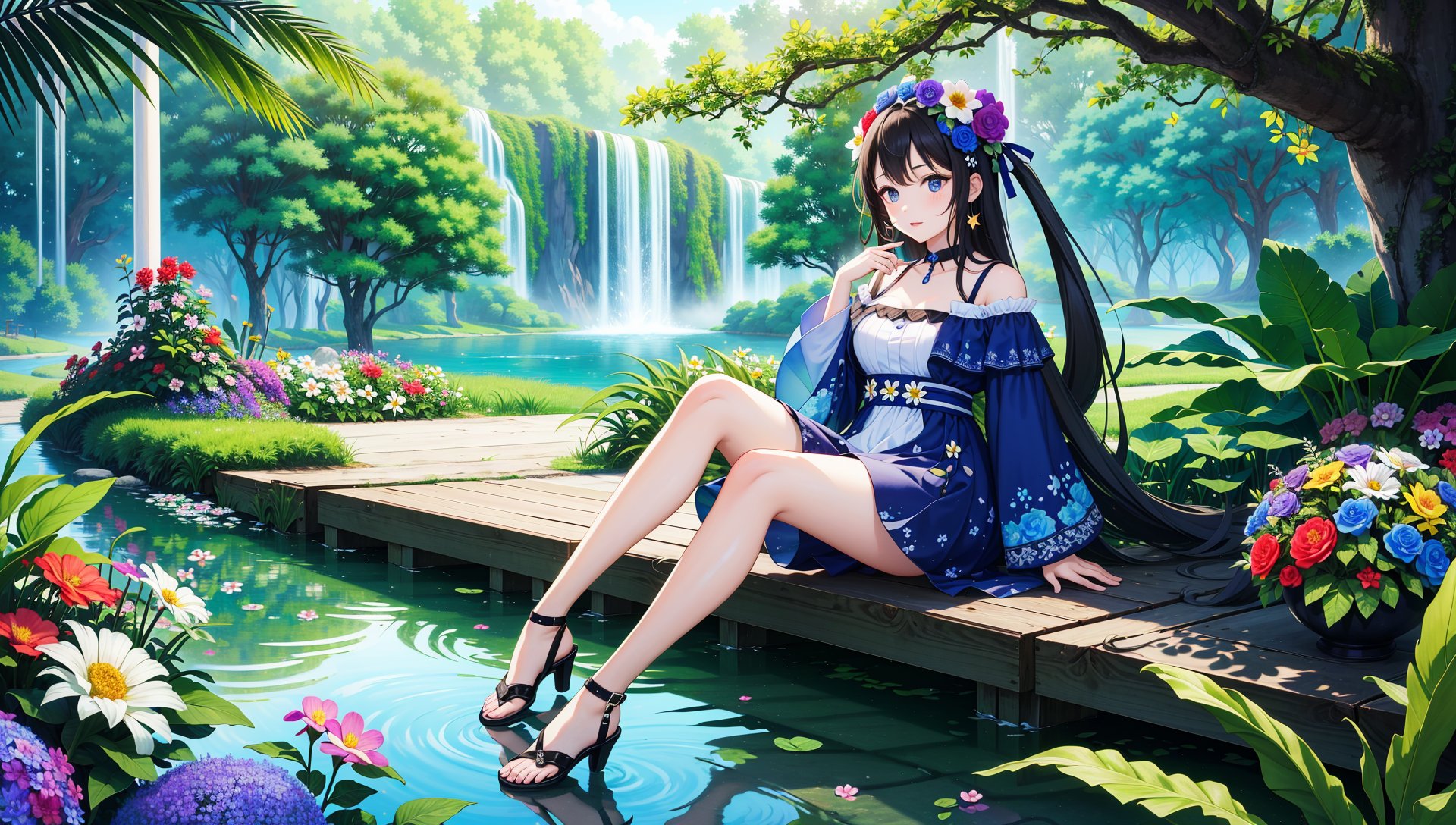 masterpiece,lake,crystal water,girl,illustration,(in lush jungle with flowers:1.2),(colorful flowers:1.4),full body,(extremely detailed face:1.2),colorful blue theme,colorful butterflies,colorful stars,field of colorful flowers,very good hand,