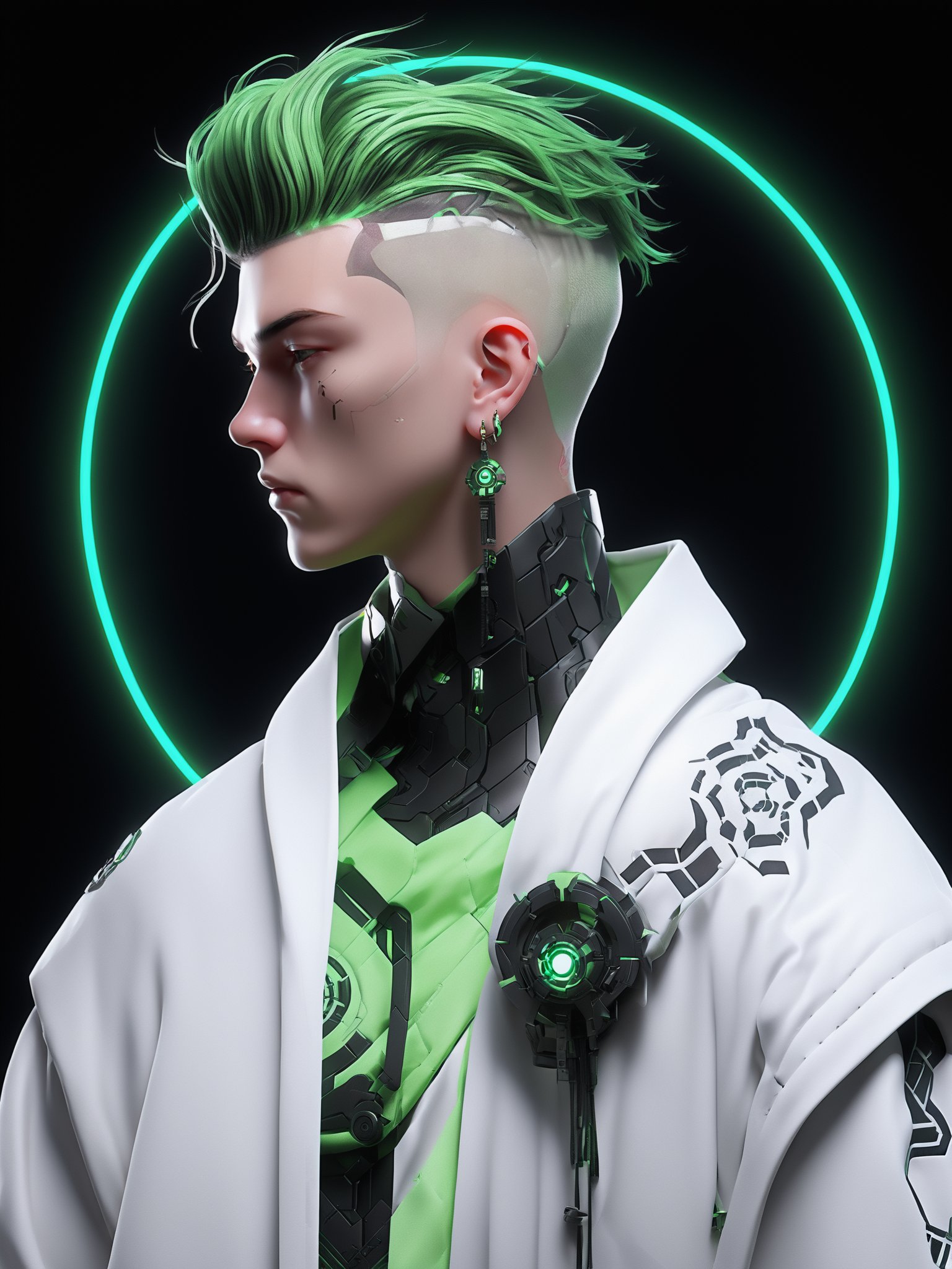 a character with a futuristic and cyberpunk aesthetic. The character has a unique hairstyle with a shaved head and a tuft of hair on the top. They wear a white robe with intricate designs and symbols, complemented by a black choker around their neck. The character's attire is adorned with green neon accents, especially on the chest and arms. They also have a circular halo-like object behind them, emitting a green glow. The background is dark, emphasizing the character and their attir<lora:Suotai-000006:1>