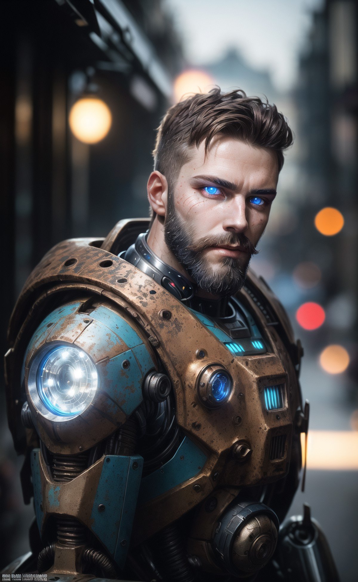 Portrait photo of muscular bearded guy in a worn mech suit, ((light bokeh)), intricate, (steel metal [rust]), elegant, sharp focus, photo by greg rutkowski, soft lighting, vibrant colors, (masterpiece), ((streets)), (detailed face:1.2), (glowing blue eyes:1.1) <lora:FilmVelvia3:0.4>  <lora:more_details:0.6>