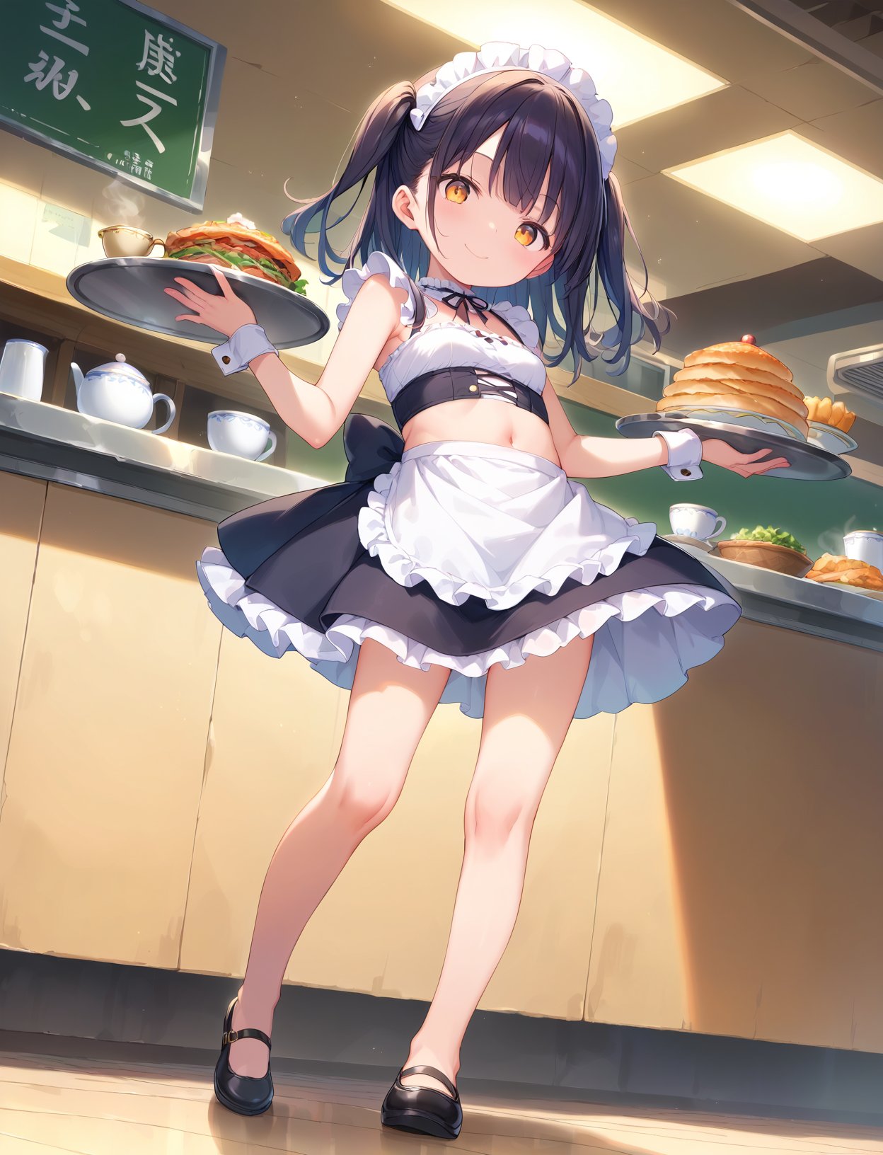 score_9, score_8_up, source_anime, (score_7_up, score_6_up:0.8) , source_anime, official art, masterpiece, highres, BREAKmaid headdress, frilled tube top, navel, bare shoulders, miniskirt, standing, hold metal tray, tea set on tray, signature pose,loli, toddler, small breasts, slim, thin thighs, full body, head tilt, dynamic angle,seductive smile, cafeteria, indoor,<lora:sd_xl_dpo_lora_v1:1> 