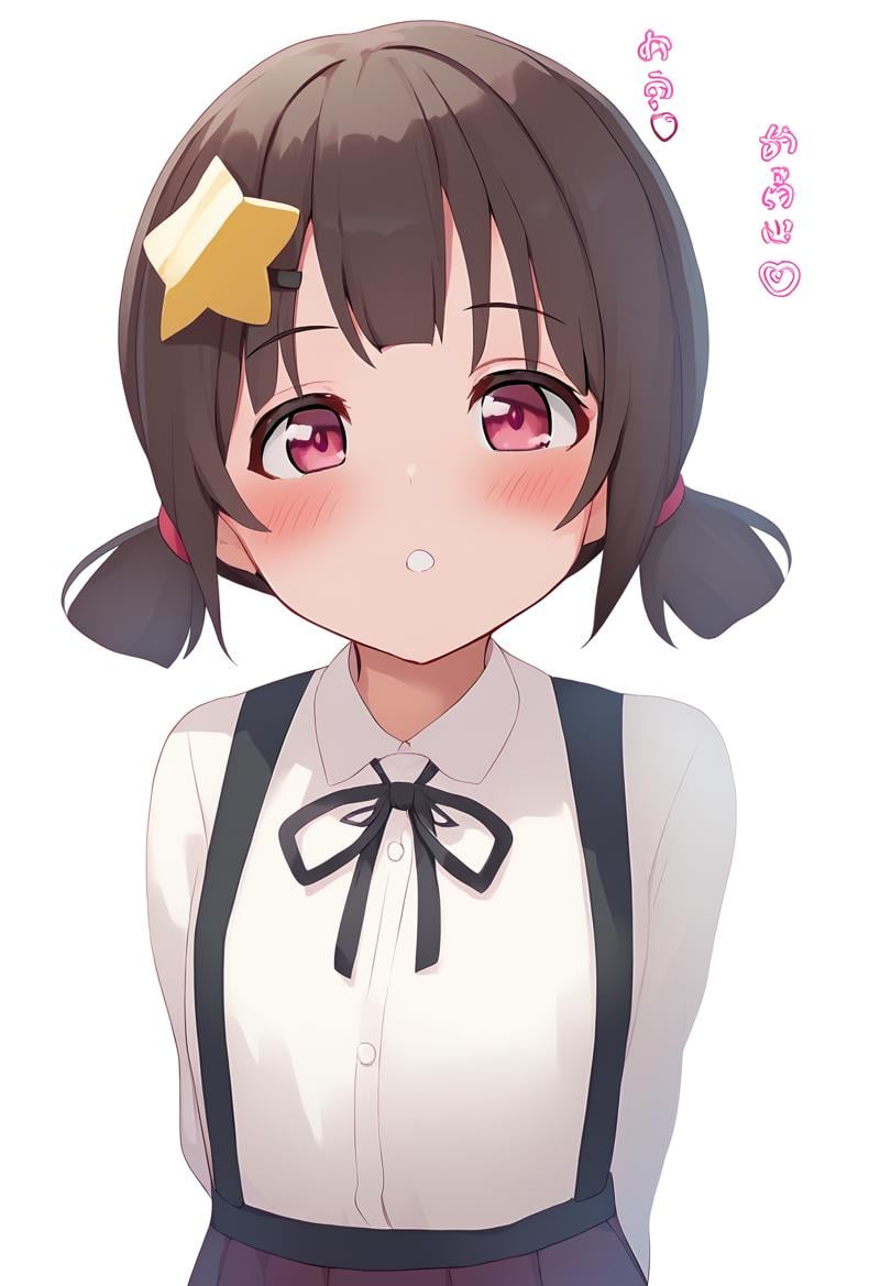 1girl, komekko,   solo, brown hair, short twintails, hairclip, low twintails, white background, shirt, miniskirt, pink eyes, star \(symbol\), looking at viewer, teeth, blush, hair ornament, white shirt, parted lips, twintails, heart hair ornament, skirt, arms behind back, collared shirt, suspender skirt, heart, star hair ornament, dress shirt, suspenders, ribbon, upper teeth only, pleated skirt, simple background, black ribbon, neck ribbon, medium hair, score_9,  sfw <lora:pony_char_komekko:1>