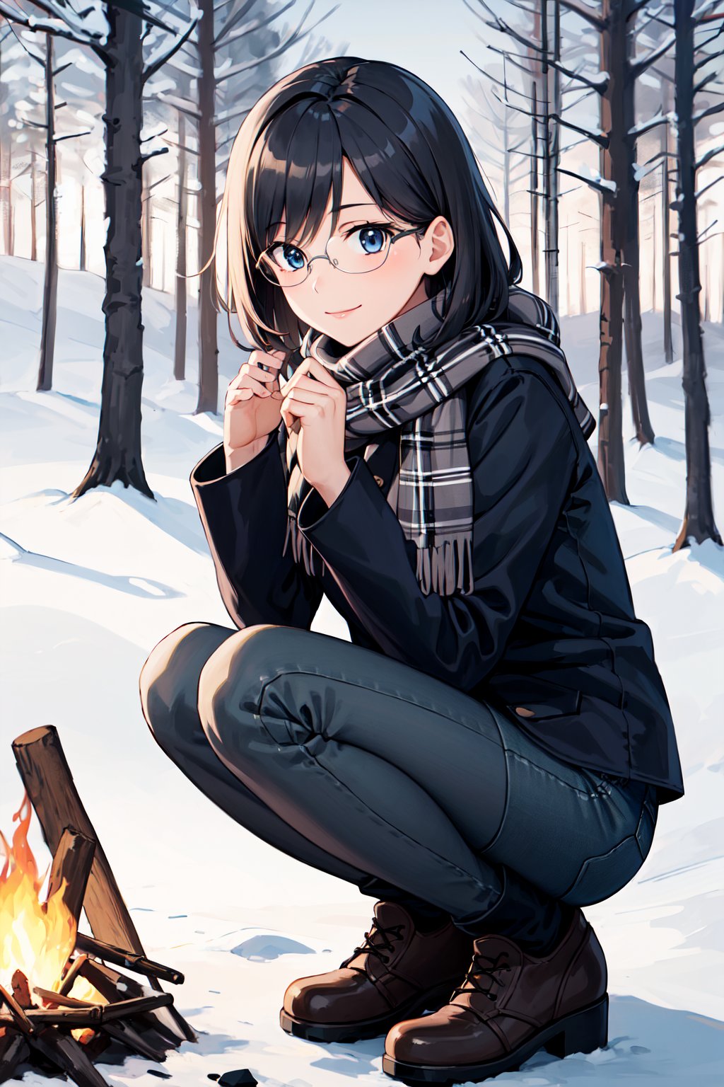 masterpiece, best quality, highres, aamii, short hair, blue eyes, glasses, <lora:konori_mii_v1:0.7>, winter clothes, scarf, snow, tree, outdoors, campfire, squatting, smile