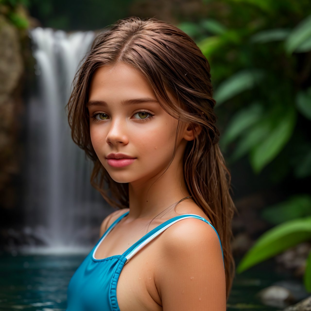 best quality, extra resolution, wallpaper, looking at viewer, portrait of adorable (AIDA_LoRA_AngelPo:1.09) <lora:AIDA_LoRA_AngelPo:0.74> in a one peace swimsuit in a waterfall, water, wet, little girl, pretty face, self-assurance, cinematic, dramatic, insane level of details, studio photo, studio photo, kkw-ph1, (colorful:1.1)