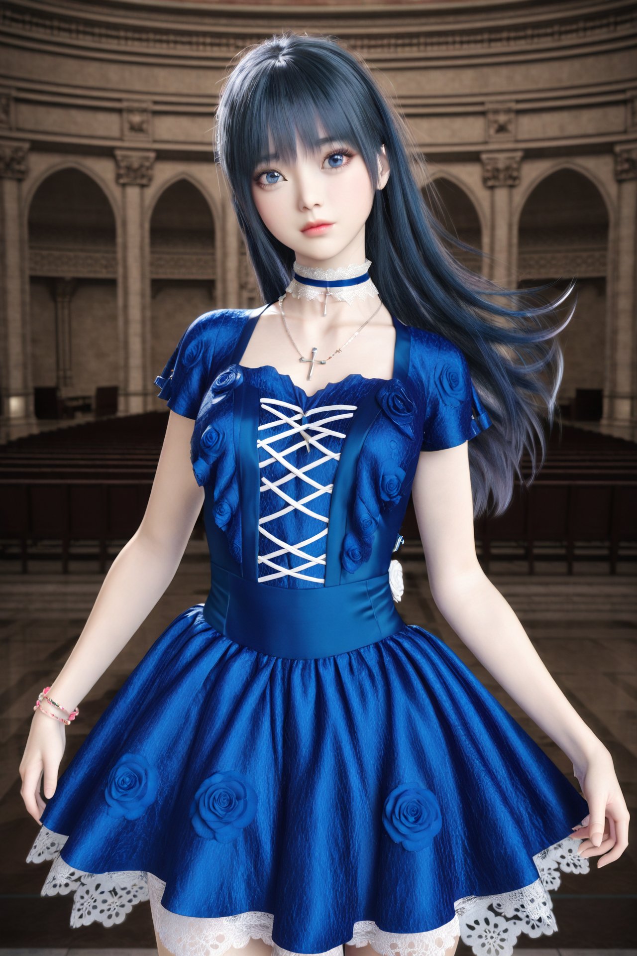 (masterpiece),(best quality),illustration,ultra detailed,hdr,Depth of field,(colorful),realistic,loli,1girl, solo, dress, bracelet, jewelry, blue dress, blue eyes, choker, long hair, black hair, necklace, indoors, short sleeves, floral print, realistic, cross, lips, blunt bangs, lace-trimmed dress, cross-laced clothes, church, collarbone, looking to the side, cowboy shot, standing, closed mouth, lace, looking at viewer, head tilt