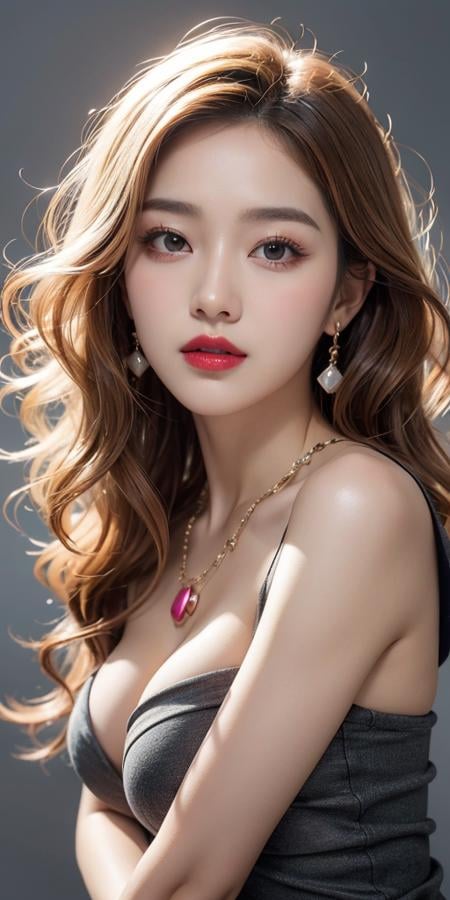 Canon RF85mm f/1.2,best quality,portrait,1 girl,(korean mixed,kpop idol:1.2),(long_brown_wavy_hair),(lipstick,red lips,pink_shiny_lips,pinkeyeshadow,eyelashes,powder blusher,make-up),white_shiny_skin,black eyes,necklace,earrings,shiny,Pore,skin texture,bracelet,big breasts,grey background,