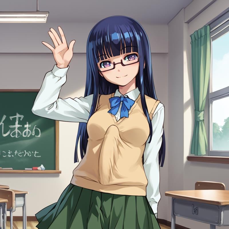 score_9, score_8, score_7, masterpiece, BREAK,sumika_oohashi, solo, glasses, sweatervest, white shirt, green skirt, blue bow tie, futa, futanari, ereciton under sweatervest,  erection under clothes classroom, standing,  waving,  <lora:Sumika_oohashi_low_DIM:1>