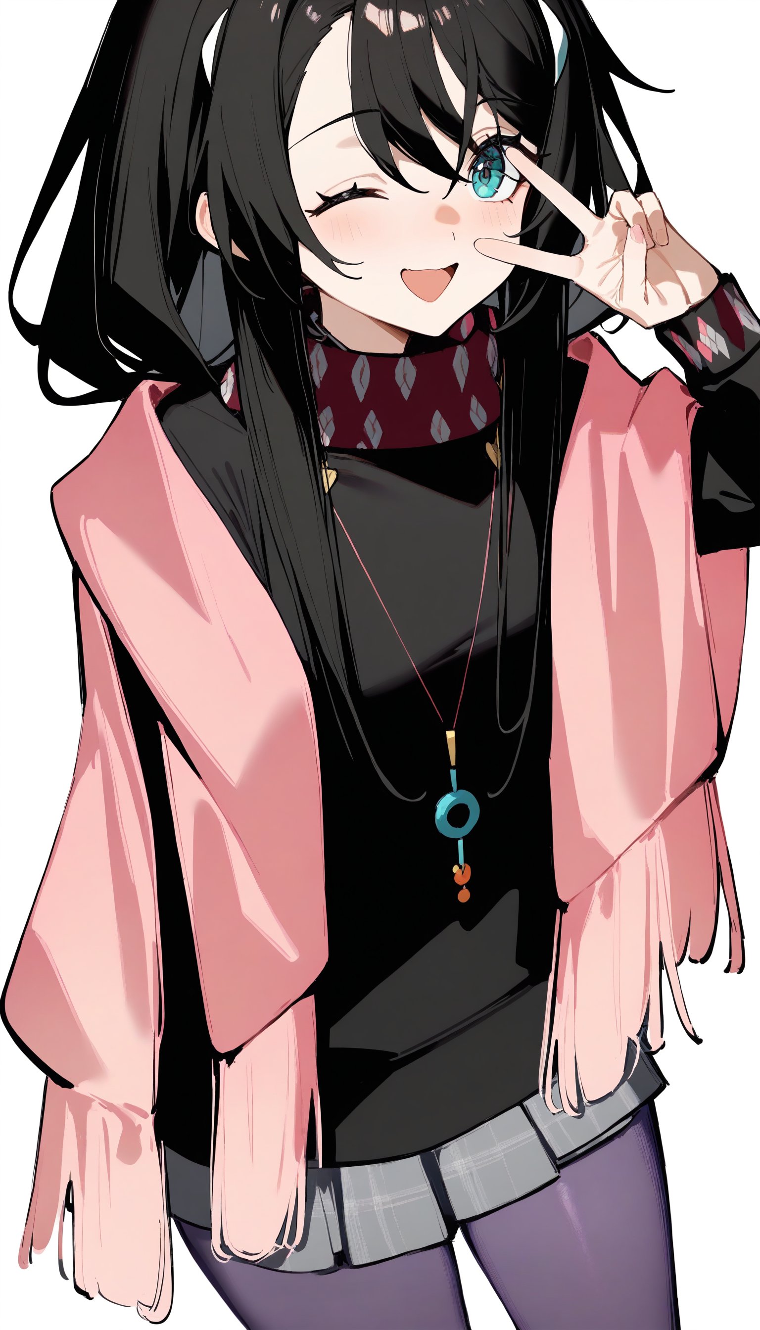 1girl,inori,mo8,ciloranko,hairclip,black sweater,necklace,pink shawl,white background,simple background,upper body,solo,very long black hair,purple pantyhose,v,one eye closed,open mouth,masterpiece,best quality,newest,absurdres,safe,<lora:Fixhands_anime_bdsqlsz_V1:1>,<lora:inori8:1>,