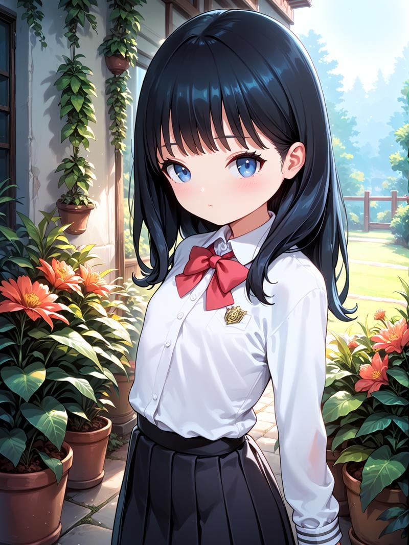 score_anime, score_9, score_8_up, score_7_up, masterpiece, beautiful scenery, floral background,<lora:BorschtP:1> BorschtP, 1girl, solo, (upper body:1.3), ssss.gridman, takarada rikka, black hair, black skirt, blue eyes, collared shirt, long hair, long sleeves, miniskirt, pleated skirt, school uniform, shirt, skirt, white shirt