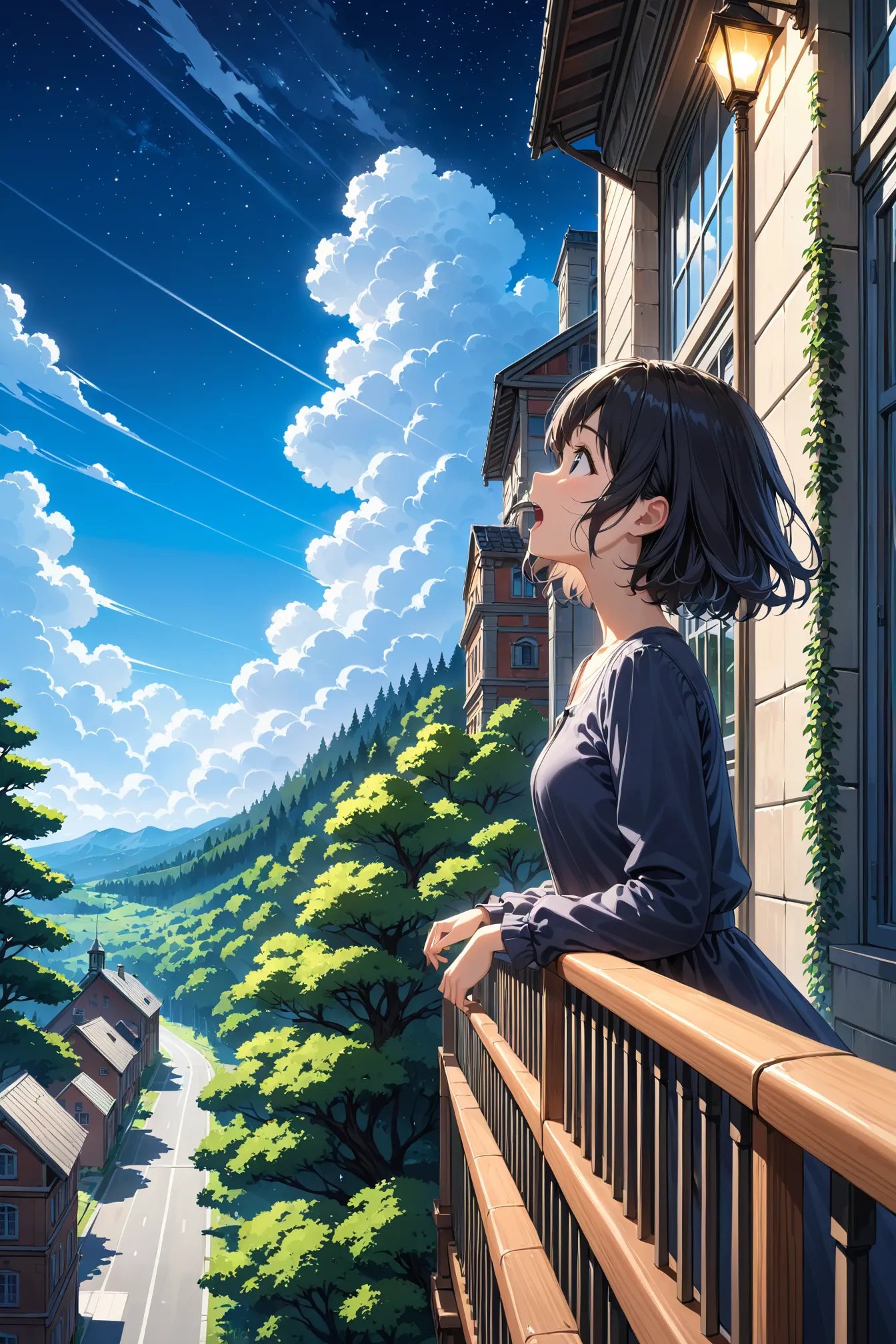 masterpiece, best quality, 1girl, solo, outdoors, scenery, black hair, blue sky, building, cloud, day, forest, flying, from side, lamppost, nature, night, open mouth, profile, railing, short hair, sky, star \(sky\), starry sky, sunlight, tree