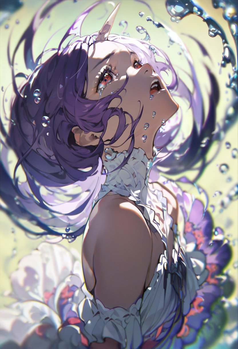 score_9, score_8_up, score_7_up, score_6_up, <lora:yoneyamaiXL_P6_lokr_V53P1:0.95> 1girl, solo, red eyes, horns, purple hair, water, looking up, open mouth, tears, long hair, single horn, dress, bubble, bare shoulders, from side, crying