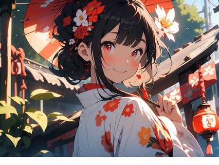 <lora:nijipretty_20230624235607:1>,1girl, oil-paper umbrella, umbrella, japanese clothes, smile, solo, red eyes, kimono, looking at viewer, hair ornament, flower, holding, outdoors, hair flower, holding umbrella, blush, bangs, letterboxed, looking back, long sleeves, floral print, black hair, braid, sash, white flower, torii, red umbrella, white kimono, obi, day, wide sleeves, print kimono, grin, red flower, blurry, upper body, lantern, sidelocks, from behind, back bow, brown hair, hair bun