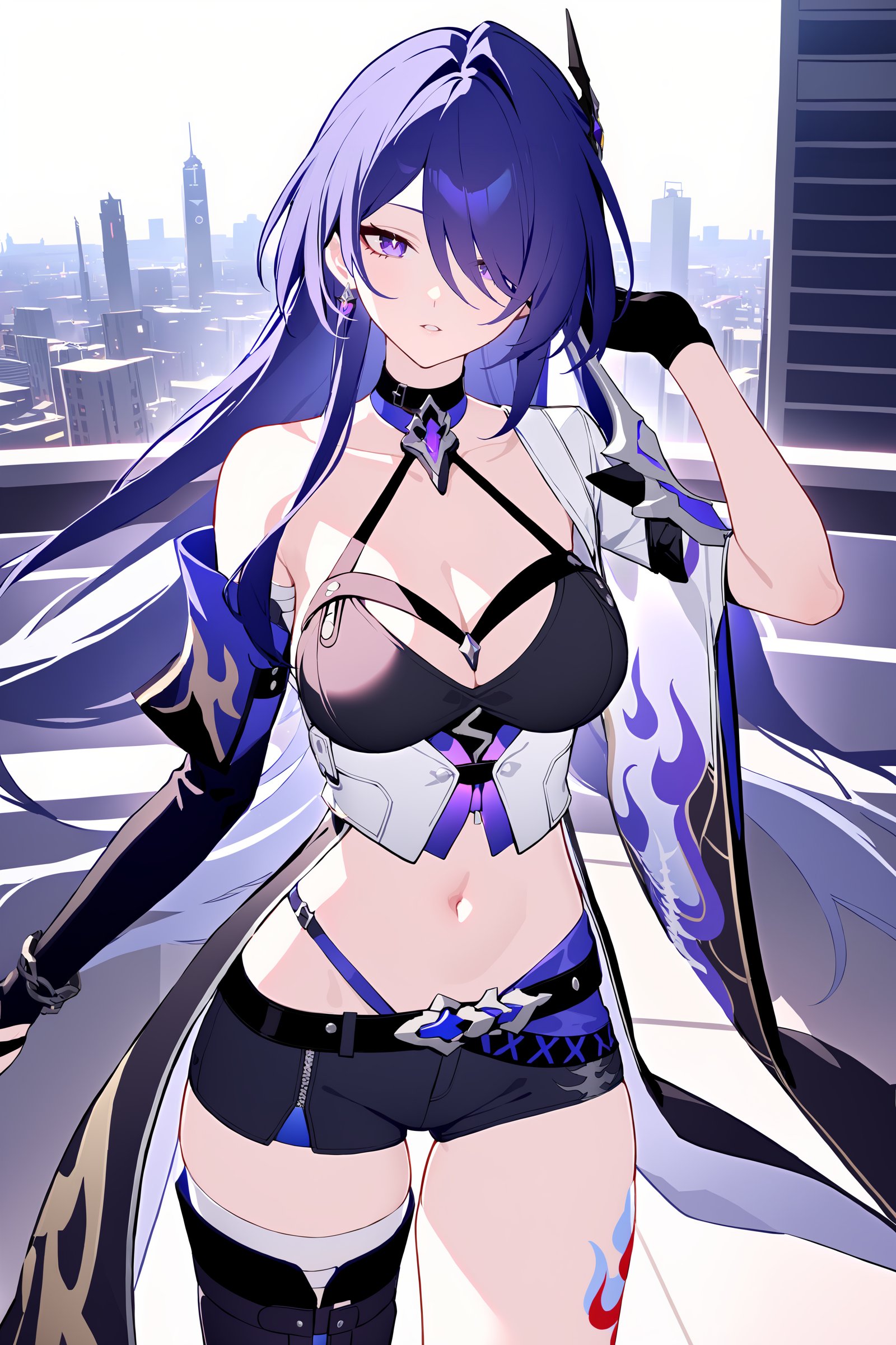 masterpiece, best quality, perfect features, intricate details, ray tracing, newest,(hitenkei, askzy:0.4), 1girl, acheron \(honkai: star rail\), solo, long hair, short shorts, leg tattoo, single thigh boot, midriff, black gloves, hair ornament, choker, long coat, single sleeve, single gauntlet, uneven legwear, depth of field, cowboy shot, standing, hand in own hair, looking at viewer, parted lips, floating hair, outdoors, cityscape, rooftop  <lora:Char-HonkaiSR-Acheron-XL-V2:0.9>