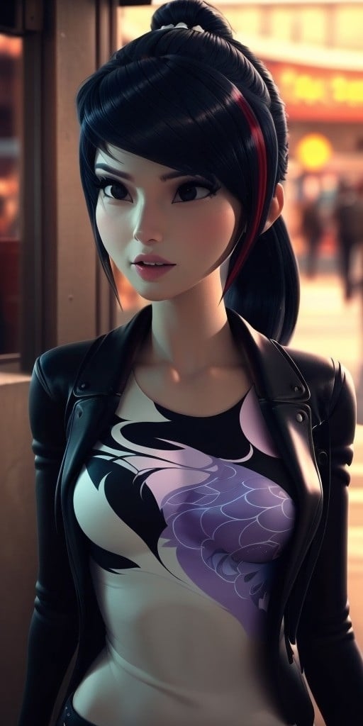 Hyperrealistic, photorealistic, super detailed, fifteen years old, black hair with very dark blue-violet reflections, streak of strong amaranth down the left side of head, hair back in a long ponytail that runs about equal length to her shoulders, expressive dark brownish-gray eyes, body like in real life, large pores, slender, fair skin, beautiful arms, very little very flat breasts, unreal engine, octane render, droped shadow, bokeh, cinematic lighting, <lora:add_detail:0.5>, <lora:Volumetric_lighting:0.6>, dark brownish-gray eyes, Ladybug, Miraculous, Wu, Fei, , <lora:659ad9be-4d62-40ef-9834-4333394042c5:0.7>