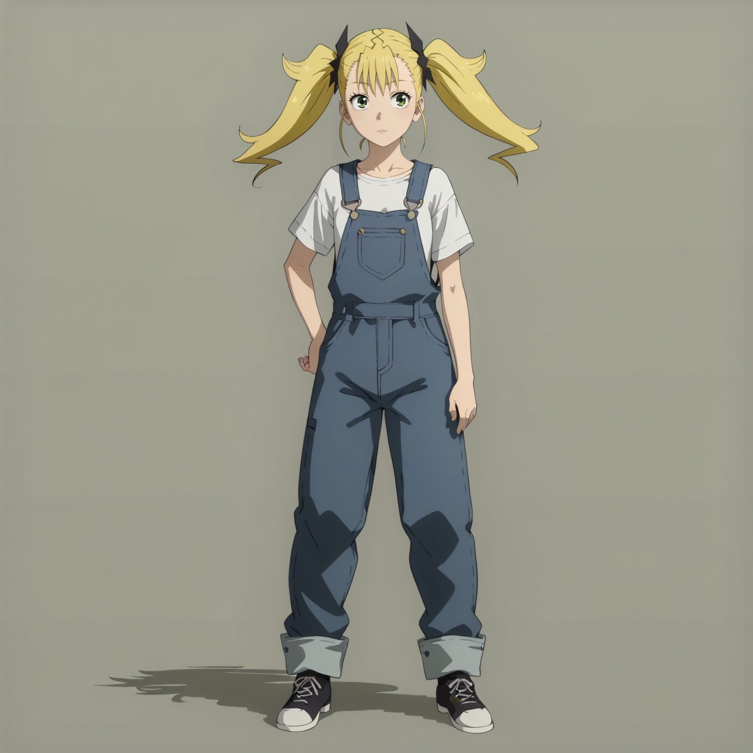 <lora:KikoruShinomiyaXLpony001>,solo,KikoruShinomiya,1girl,blonde hair,twintails,green eyes,full body,standing,overalls,