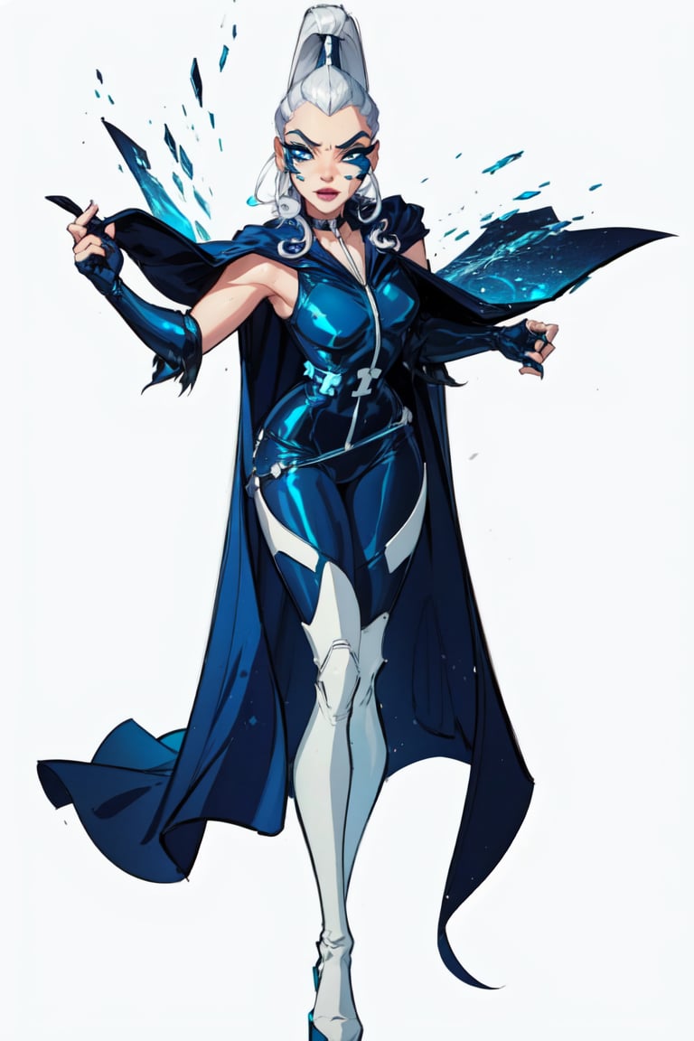 (Icy), blue eyes, white hair, ponytail, very long hair, eyeshadow, (WitchOutfit), sleeveless, blue bodysuit, knee boots, gloves, (long blue cape), (white background, solid white background:1.5), (realistic:1.2), (masterpiece:1.2), (full-body-shot:1),(Cowboy-shot:1.2), neon lighting, dark romantic lighting, (highly detailed:1.2),(detailed face:1.2), (gradients), colorful, detailed eyes, (detailed landscape:1.2), (natural lighting:1.2), close shot, solo, <lora:WinxClubIcy-10:0.9> <lora:add_detail:0.3> <lora:BeautifulEyes:0.6>