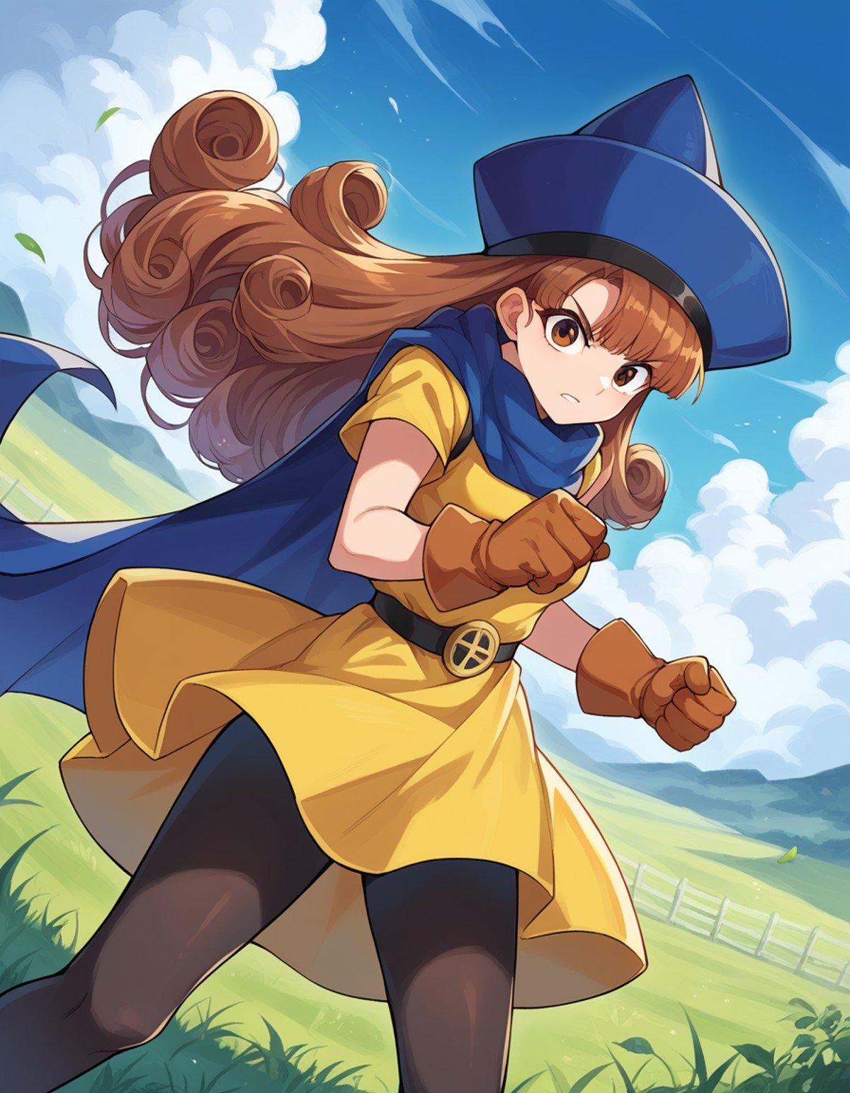 score_9, score_8_up, score_7_up, source_anime,dqalena, <lora:dq-alena-ponyxl-lora-nochekaiser:1>,alena, brown eyes, brown hair, curly hair, long hair,cape, dress, gloves, hat, pantyhose, yellow dress, scarf, short sleeves,outdoors, plains, grass, fighting stance,looking at viewer, dutch angle, cowboy shot,