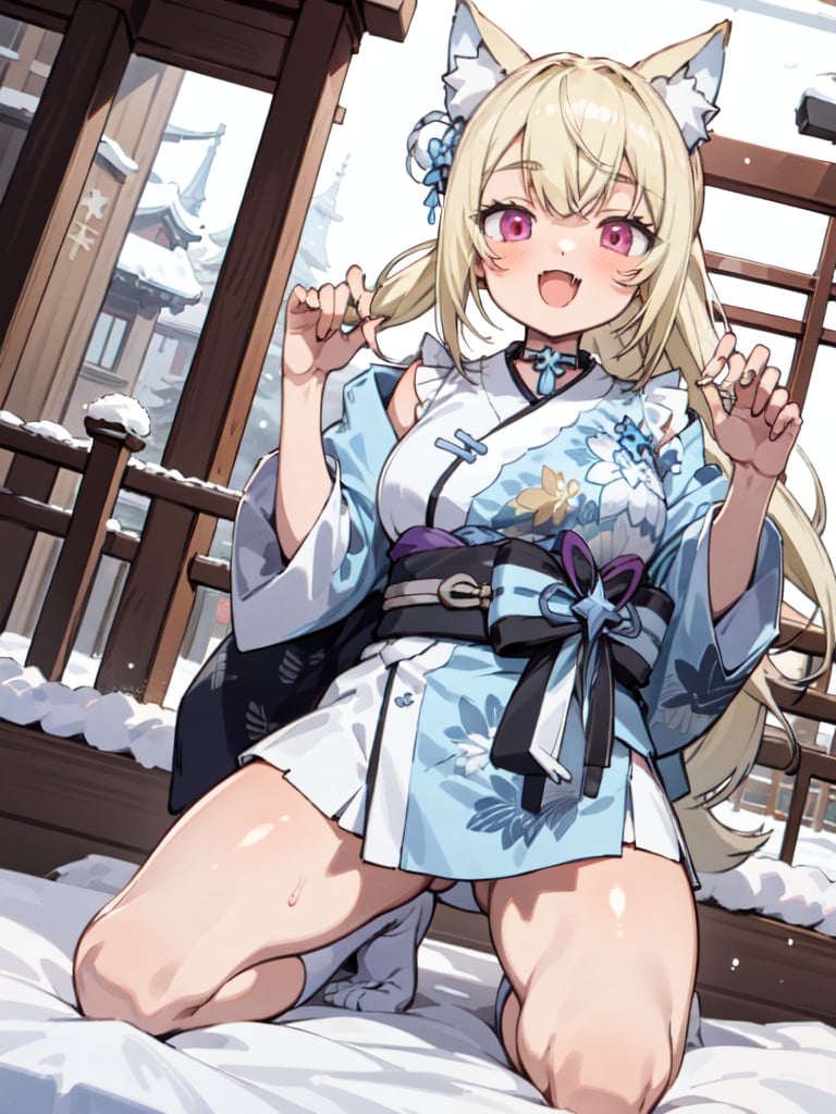 fuwawa_abyssgard, 1girl, short, solo,blonde_hair, long_hair, pink_eyes, dog_ears, cute, looking_at_viewer, :d, fang, kimono, kneeling, east_asian_architecture, bedroom, winter, 