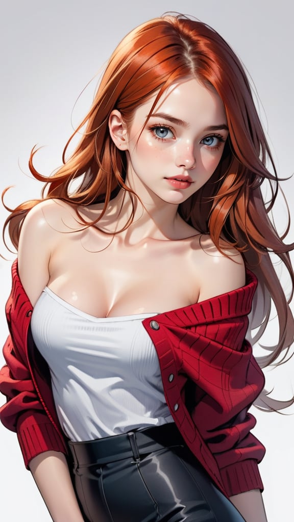 (1girl, solo, masterpiece, 8k, HDR), ginger girl, character concept art of a beautiful woman leaning over, red sweater falling off her shoulder, cleavage, extremely sexy, seductive, long hair, luscious lips, comic book art, rough colored sketch, (small breasts, big hips, looking at the viewer), (simple background, white background)