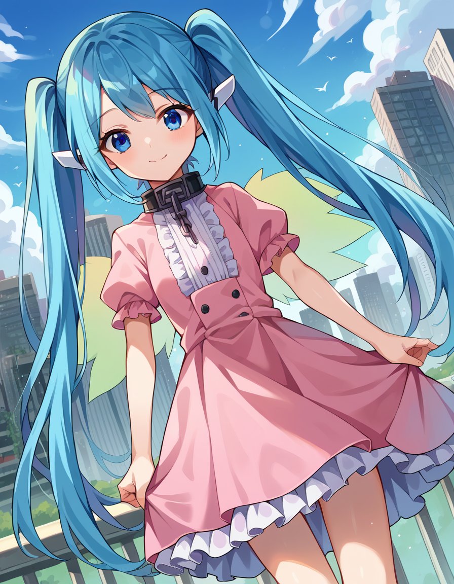 score_9, score_8_up, score_7_up, source_anime,otoshimononymph, <lora:otoshimono-nymph-ponyxl-lora-nochekaiser:1>,nymph, blue eyes, blue hair, long hair, long twintails, robot ears, twintails, two side up, wings,dress, pink dress, frilled dress, short sleeves,outdoors, cityscape, smile,looking at viewer, cowboy shot, dutch angle, solo,