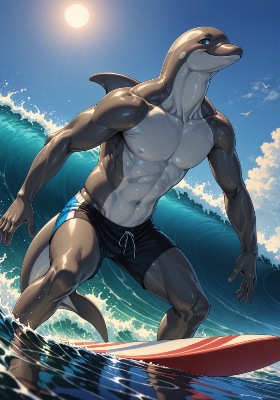 solo male bottlenose dolphin, swimming pants, grey body, glistening body, blue eyes, surfing, smile, portrait, low-angle view, BREAK, duo, front view, deltarune, by Takato Yamamoto, by Noriyoshi Ohrai, detailed background, detailed foreground, depth of field, ambient silhouette, backlighting, waterline view, wave, ocean, surfboard, plam