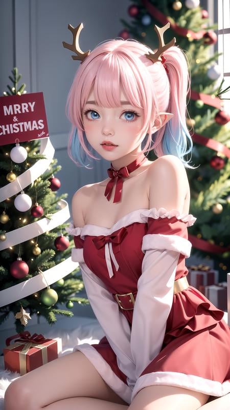 (Red Christmas dress:1.3), (sitting), Christmas hair ornament, (glowing Christmas tree:1.3), (blush:1.2), Innocent, (shy:1.2), cute, Flat, Medium hair, Skirt, masterpiece, best quality, (Side ponytail:1.1), (light pink hair:1.3), (gradient hair:1.0), white horns, Pointy ears, layered, frills, bare shoulders, sleeves, (Glowing sign text:1.3), Blue eyes, Pink > blue, (light blue hair:1.25)
