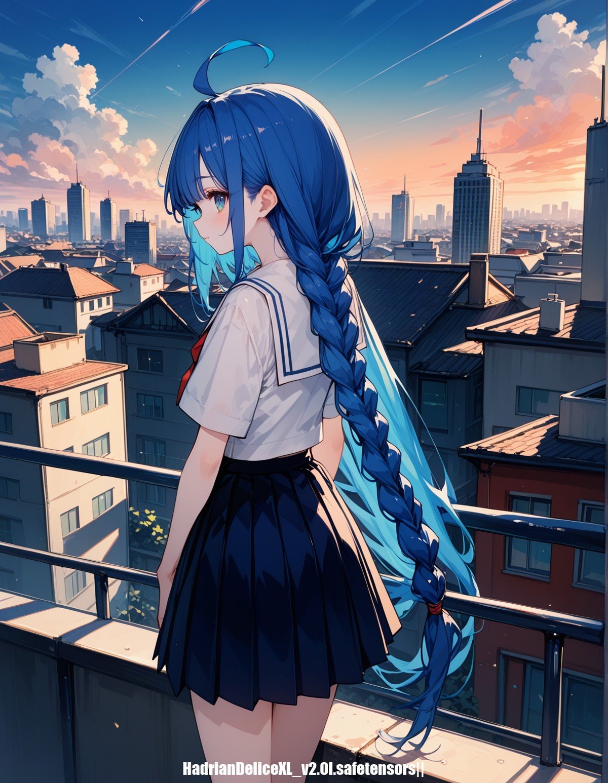 score_9,score_8_up,score_7_up,score_6_up, hadrian, highres,pov,1 thin/ skinny/ very long hair/ (pale skin)/ body blush/  student teenage,ahoge,braid,blue hair,  roof,school,cityscape, horizon,cloudy sky, blue sky,small hair,from below,from back,from behind,pleated skirt,