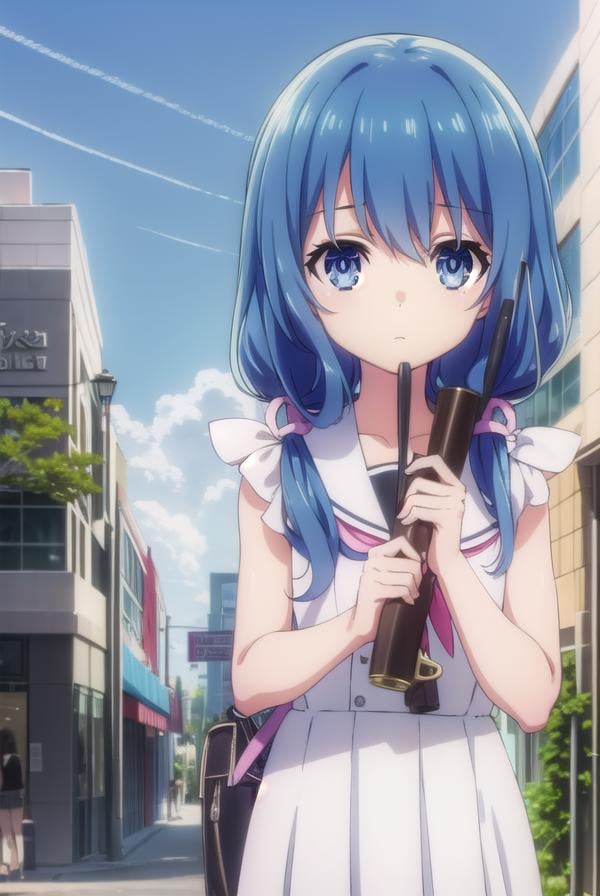 dalyoshino, <lora:dal yoshino s2-lora-nochekaiser:1>,yoshino casual, long hair, blue eyes, twintails, school uniform, blue hair, eyepatch, puppet, hand puppet, serafuku, sleeveless,BREAK ,BREAK outdoors, city, sky, clouds, buildings, sun,BREAK looking at viewer, (cowboy shot:1.5),BREAK <lyco:GoodHands-beta2:1>, (masterpiece:1.2), best quality, high resolution, unity 8k wallpaper, (illustration:0.8), (beautiful detailed eyes:1.6), extremely detailed face, perfect lighting, extremely detailed CG, (perfect hands, perfect anatomy),