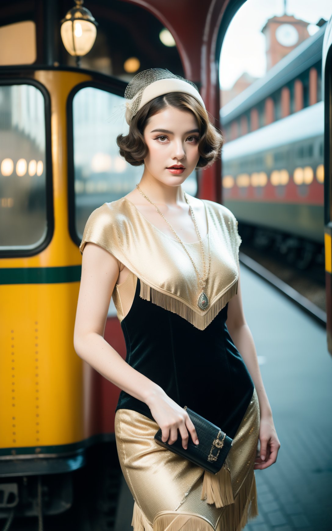 A captivating portrait session in a vintage train station,capturing the timeless elegance of a model styled in 1920s fashion. The backdrop features classic steam trains and the old-world charm of the station. The model,dressed in a flapper dress and cloche hat,embodies the glamour and spirit of the Roaring Twenties. The lighting is soft and nostalgic,enhancing the historic feel of the setting. The composition is stylish and sophisticated,with the model posed beside a vintage train,evoking a sense of travel and adventure from a bygone era. The camera angle captures the grandeur of the station and the chic style of the model,creating a portrait that is both romantic and historically rich,