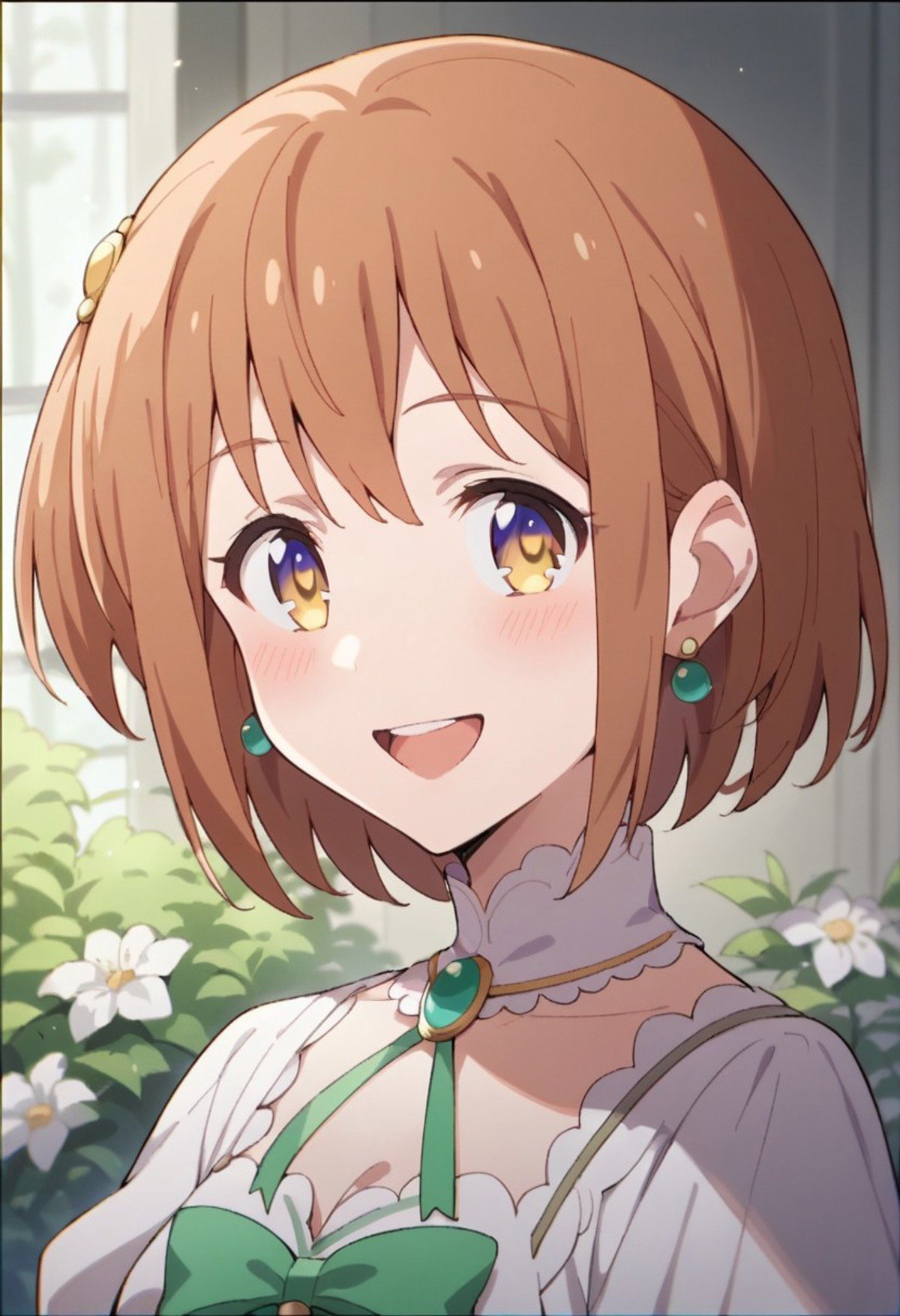 score_9, score_8_up, score_7_up, source_anime, konohata mira, brown hair, short hair, hair ornament, purple-yellow eyes, 1girl, solo, dress, smile, earrings, flower, jewelry, ribbon, blush, open mouth