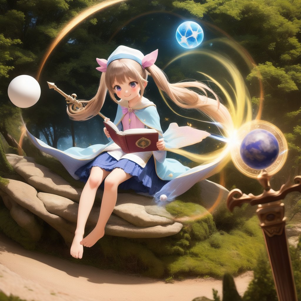 (masterpiece), (best quality), (extremely detailed), photo realistic, ((A magical girl, mage's robe, magical hat, magical staff, small cute plush ball errings, lot of flying objects, pigtails, A charming smile, reading magical casting-spelling book)), between dimensions, magic circle,　starlight, clock tower, fluffy, outdoors, full body, dynamic pose, dynamic angle, wide shot, forest, magic circles