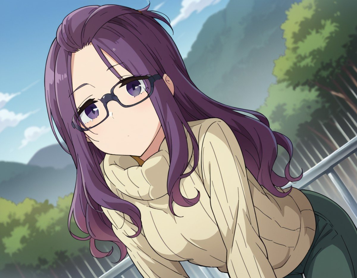 score_9, score_8_up, score_7_up, source_anime,sakurakagamihara, <lora:sakura-kagamihara-s1s2-ponyxl-lora-nochekaiser:1>,sakura kagamihara, long hair, purple eyes, purple hair, glasses, black-framed eyewear, bangs pinned back,long sleeves, sweater, turtleneck, ribbed sweater, turtleneck sweater, pants, denims,outdoors, nature, bent over,looking at viewer, dutch angle, cowboy shot,