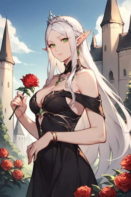 score_9, score_8_up, score_7_up, rating_safe, 1girl, solo, elf, pointy ears, breasts, long hair, very long hair, white hair, green eyes, portrait, looking at viewer, black dress, tiara, silver tiara, holding, holding flower, rose, red rose, necklace, jewelry, cowboy shot, standing, outdoors, castle <lora:Anime Style LoRA XL:0.7>