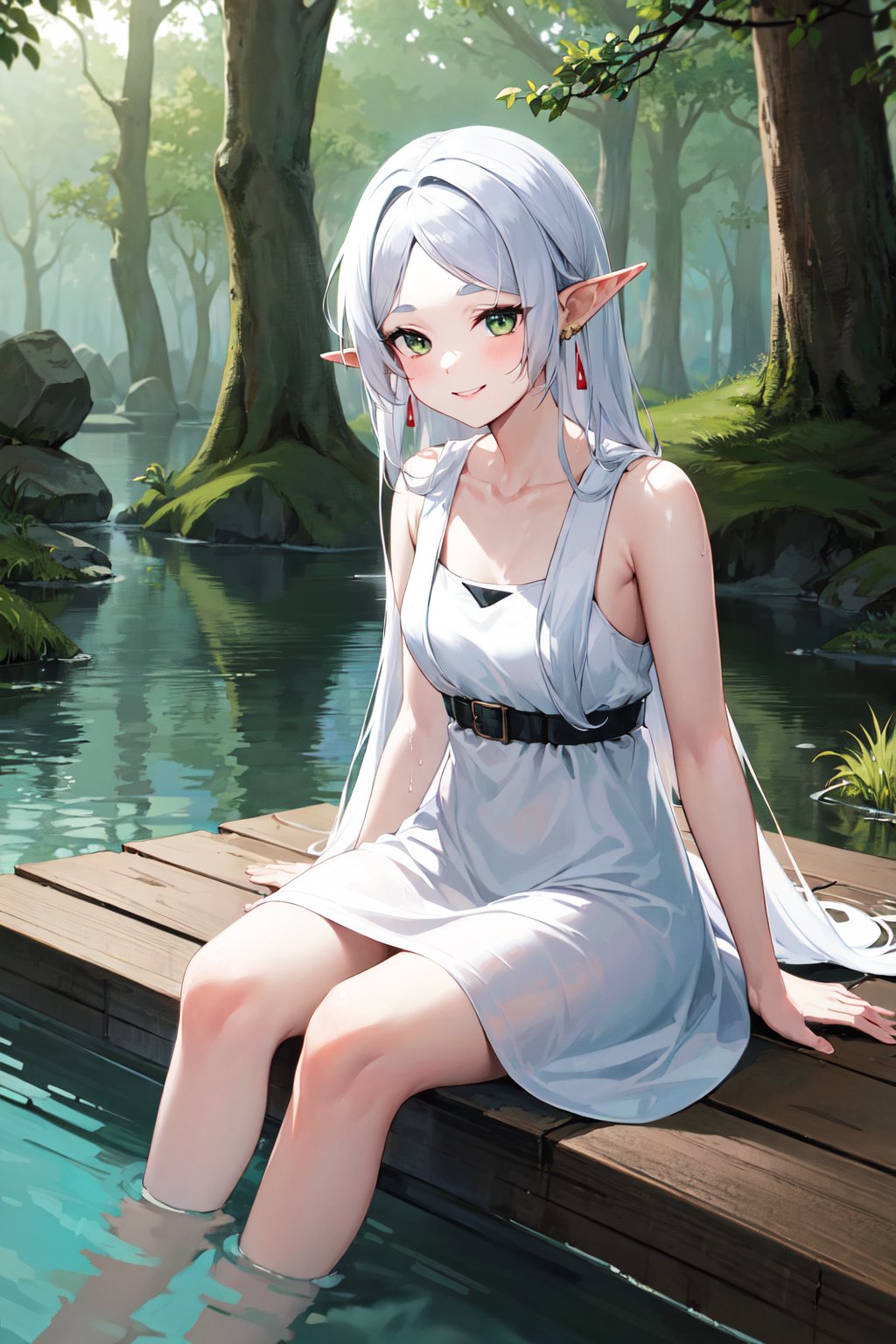 masterpiece, best quality, highres, aafrie, long hair, white hair, parted bangs, pointy ears, earrings, thick eyebrows, collarbone, bare shoulders, white dress, sleeveless dress, <lora:frieren_v1:0.7>, sitting, water, partially submerged, smile, forest