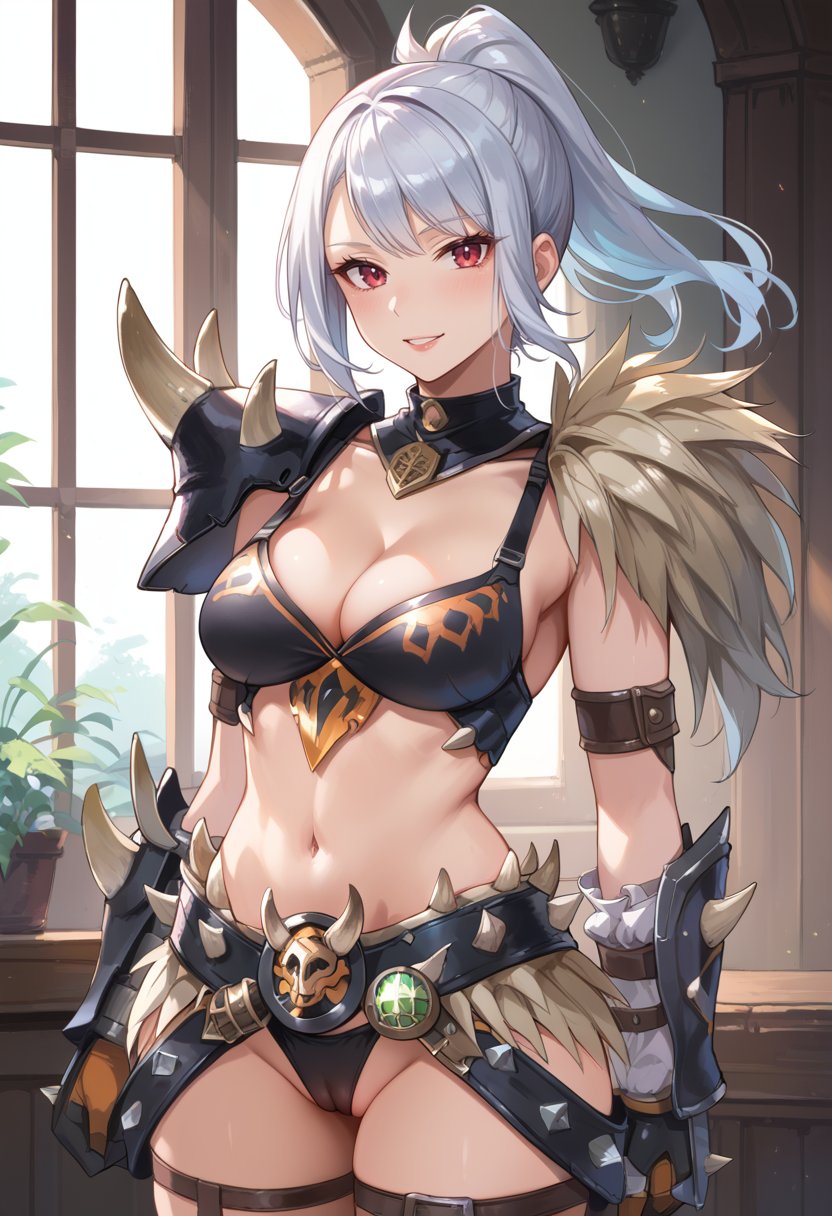 (score_9:0.9),score_8_up,score_7_up,rating_safe,anime style,(zPDXL),(zPDXL3),<lora:Nergigante armor ponyXL v1:0.75>,nergigante armor,1girl,solo,long hair,looking at viewer,medium breasts,navel,black bikini armor,cowboy shot,ponytail,cleavage,smile,lipstick,large breasts,parted lips,spikes shoulder armor,white hair,midriff,white spikes,black gauntlets,black armored skirt,cleft of venus,