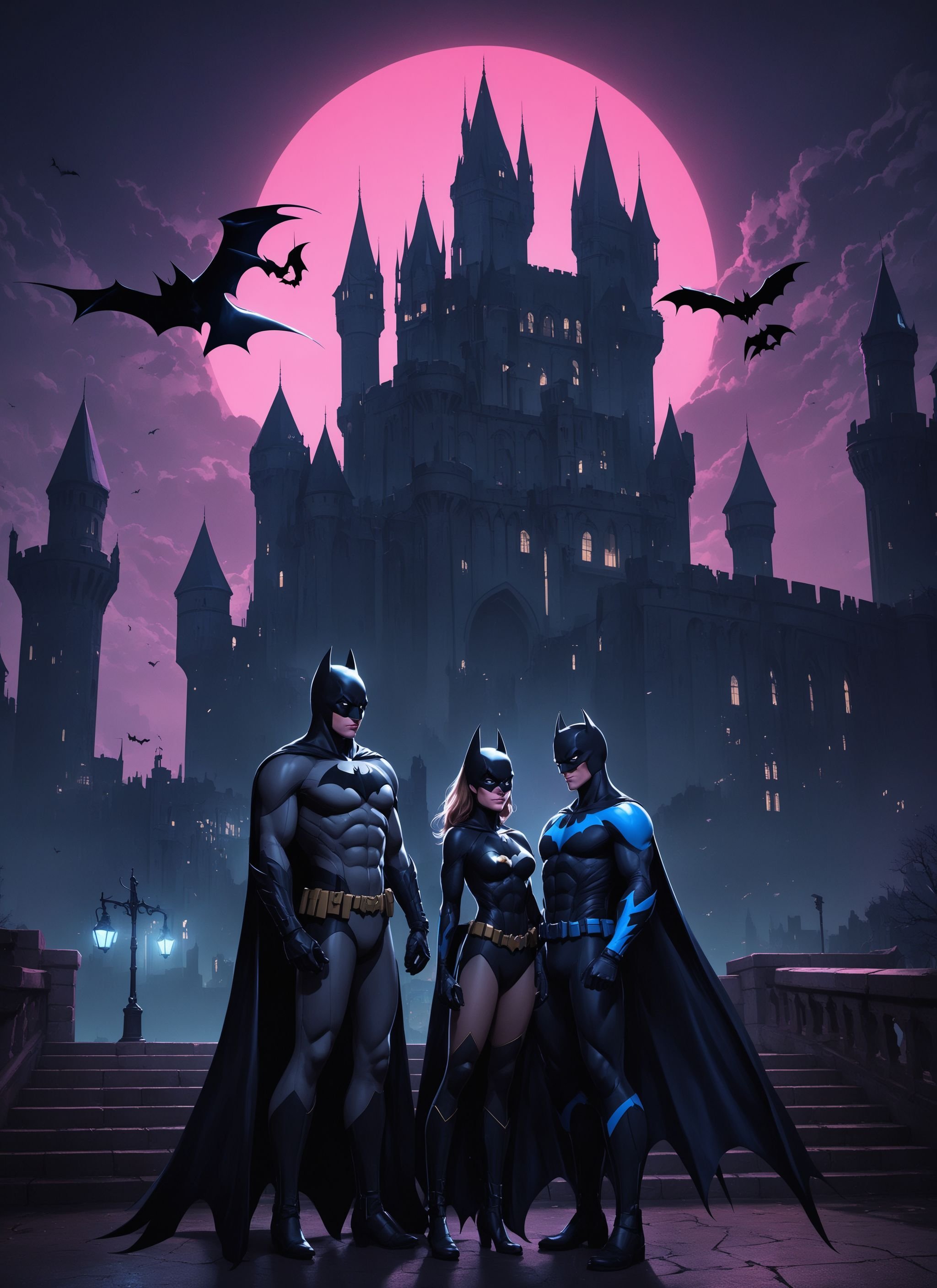 representation of batman and batgirl and nightwing, castle background, gorgeous view, dark atmosphere, retrowave epic art, trending on artstation, artgerm, cgsociety