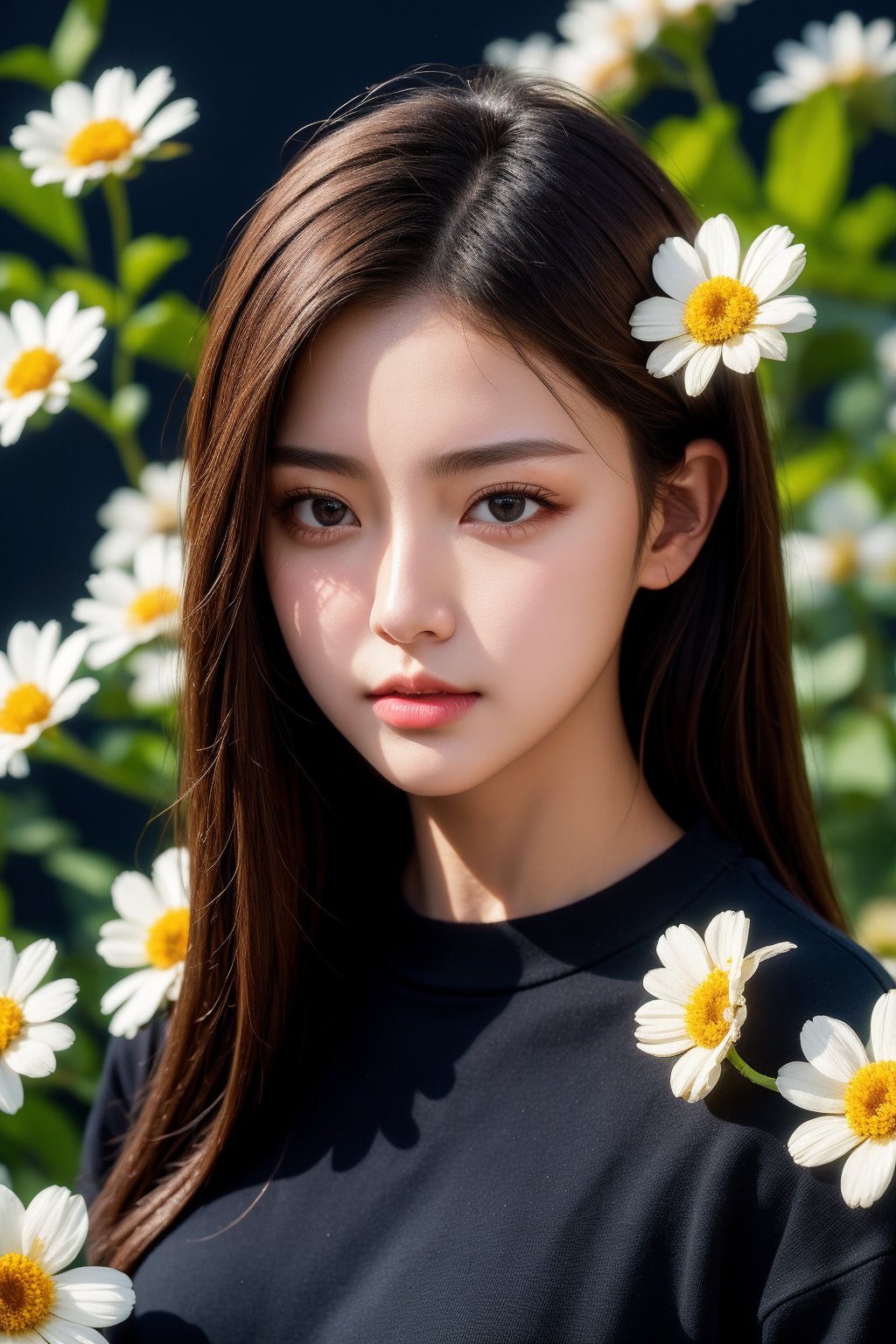 1girl, black background, black eyes, black shirt, black sweater, closed mouth, grey eyes, lips, long hair, long sleeves, looking at viewer, flower